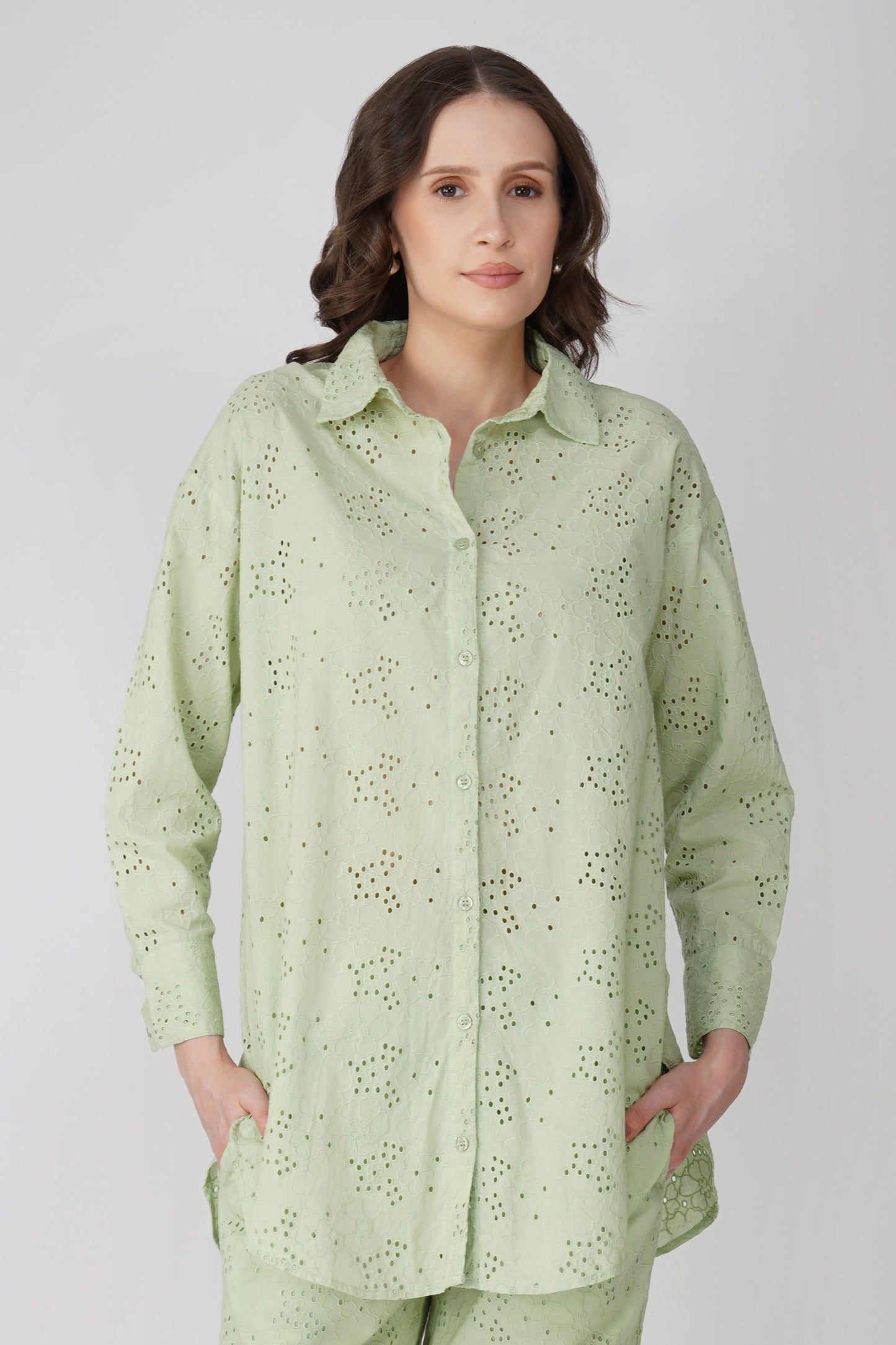 Pista Green Schiffli Boyfriend Shirt - thebriefsstory