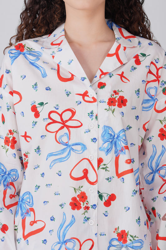Red & Blue Bow Printed Pajama Set