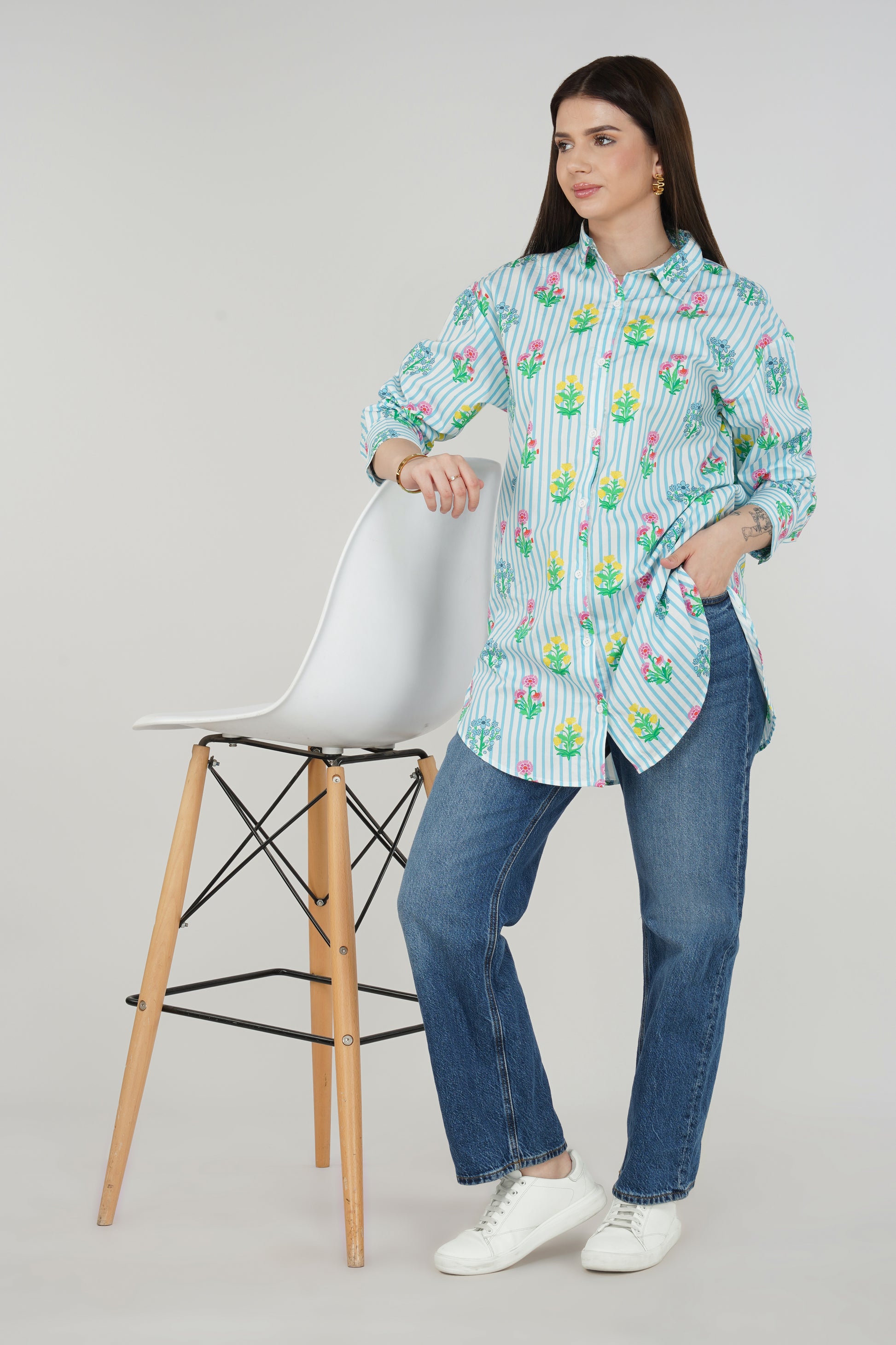 Bloom Stripe Longline Cotton Shirt 🌸 - thebriefsstory