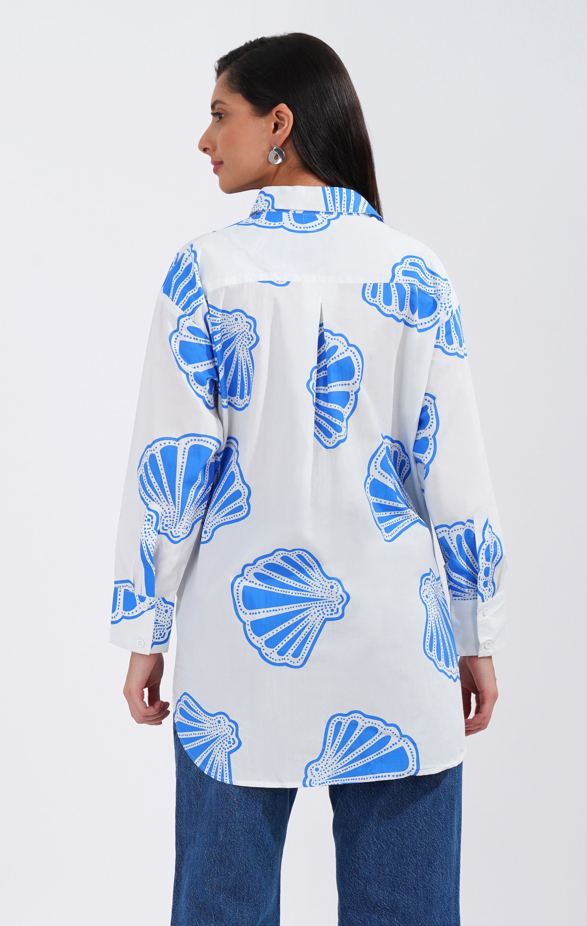 Blue Seashell Longline Cotton Shirt - thebriefsstory