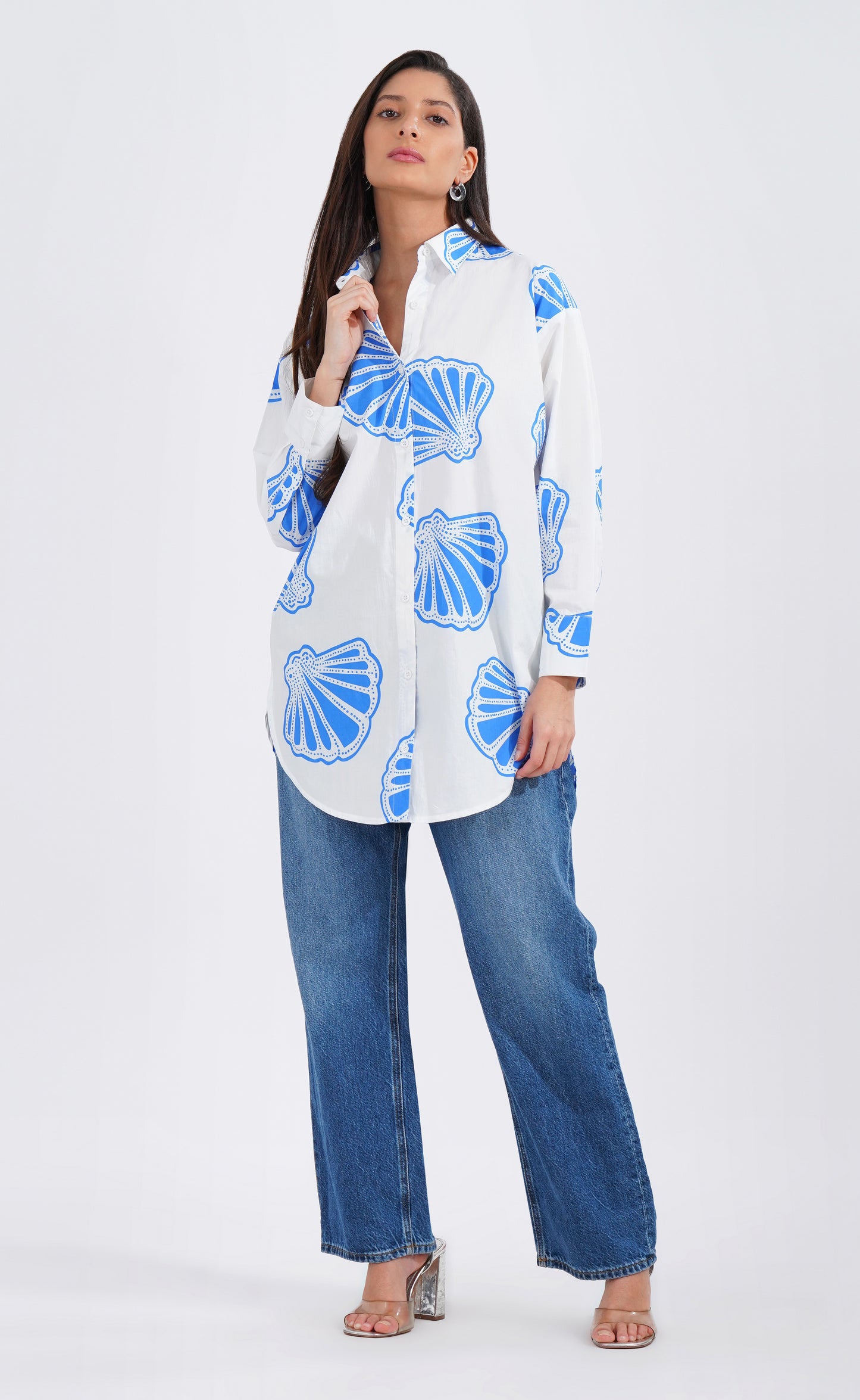Blue Seashell Longline Cotton Shirt - thebriefsstory