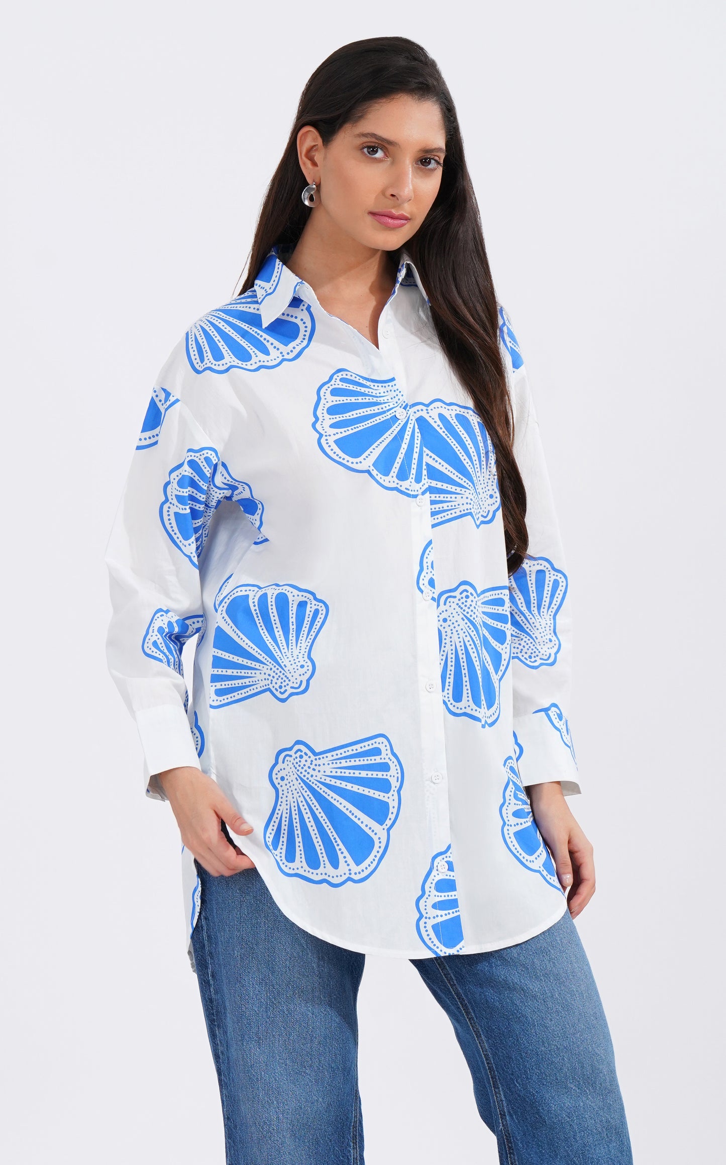 Blue Seashell Longline Cotton Shirt - thebriefsstory