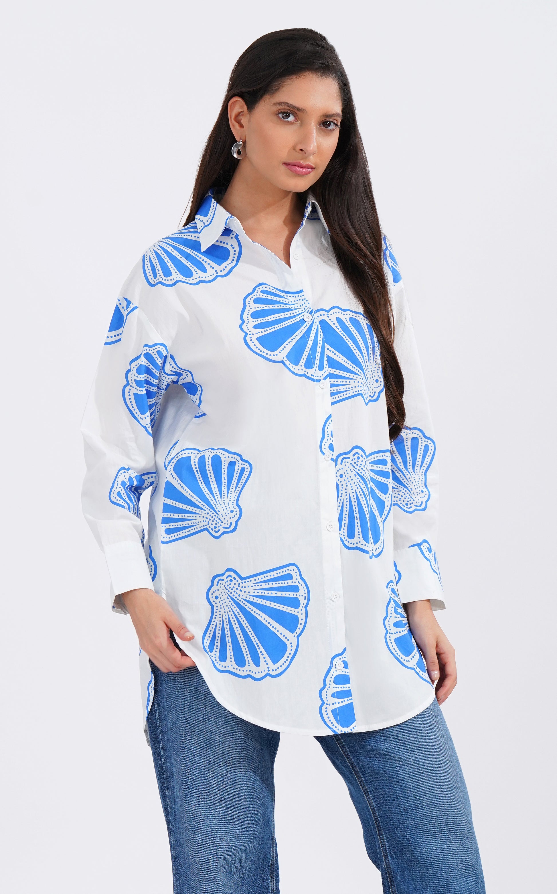 Blue Seashell Longline Cotton Shirt - thebriefsstory