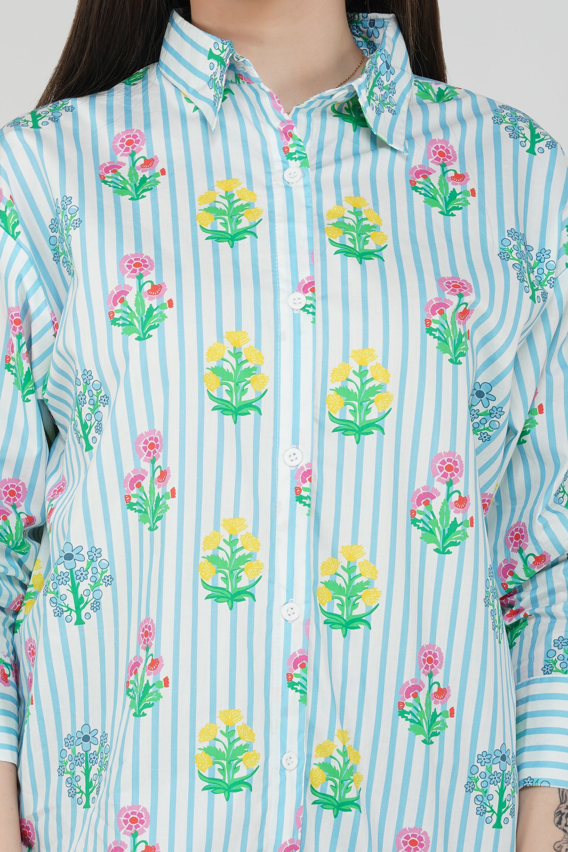 Bloom Stripe Longline Cotton Shirt 🌸 - thebriefsstory