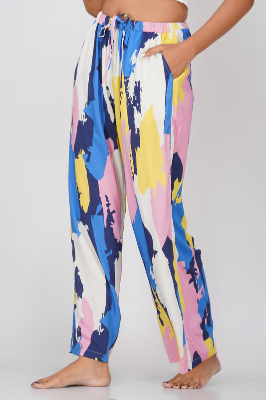 Blue/ Yellow Abstract Print Viscose Pajamas - thebriefsstory