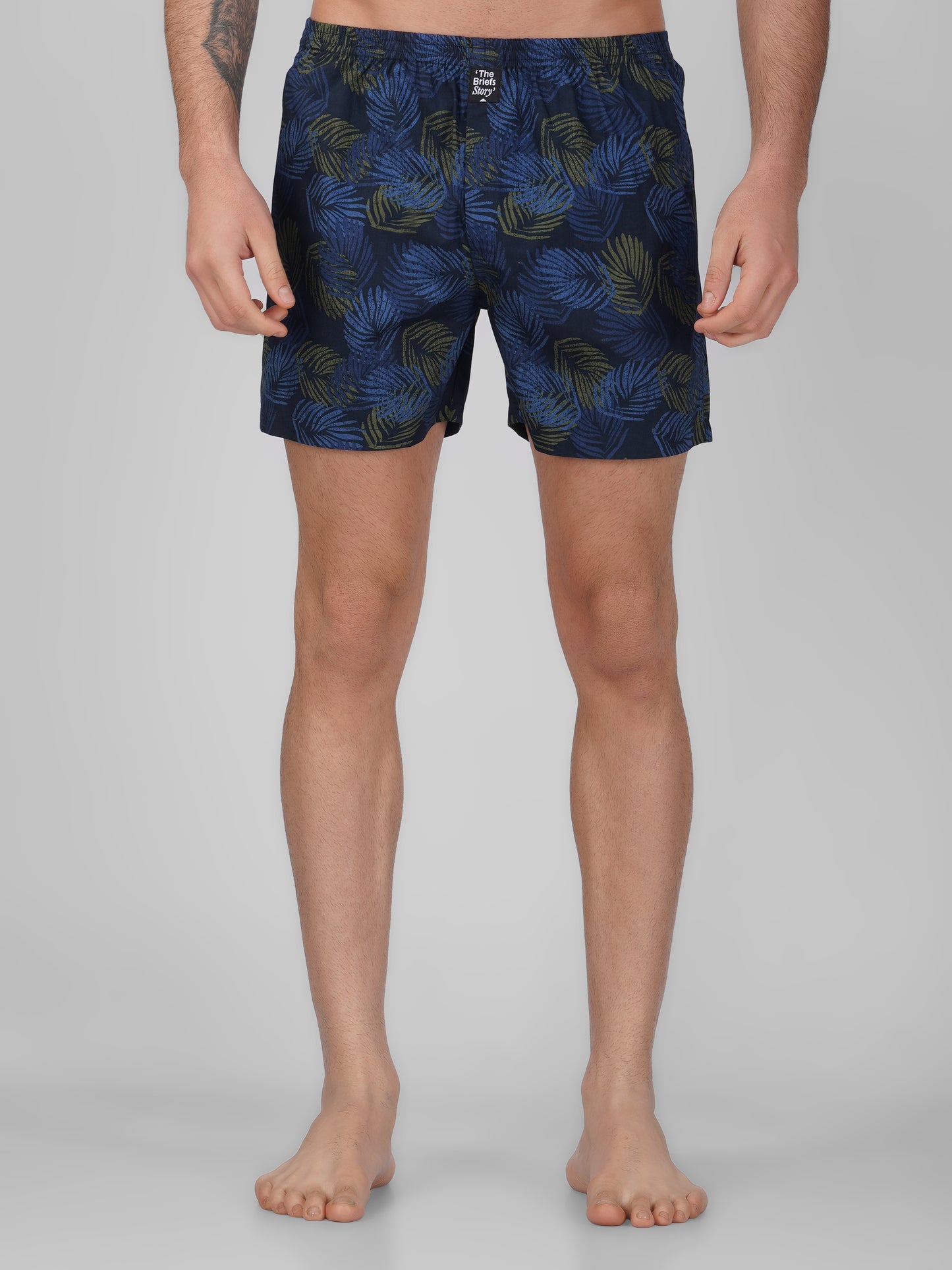 Navy Palm Print Cotton Boxer Shorts - thebriefsstory