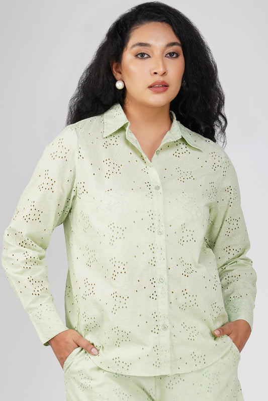 Lt Green Schiffli Regular Shirt - thebriefsstory