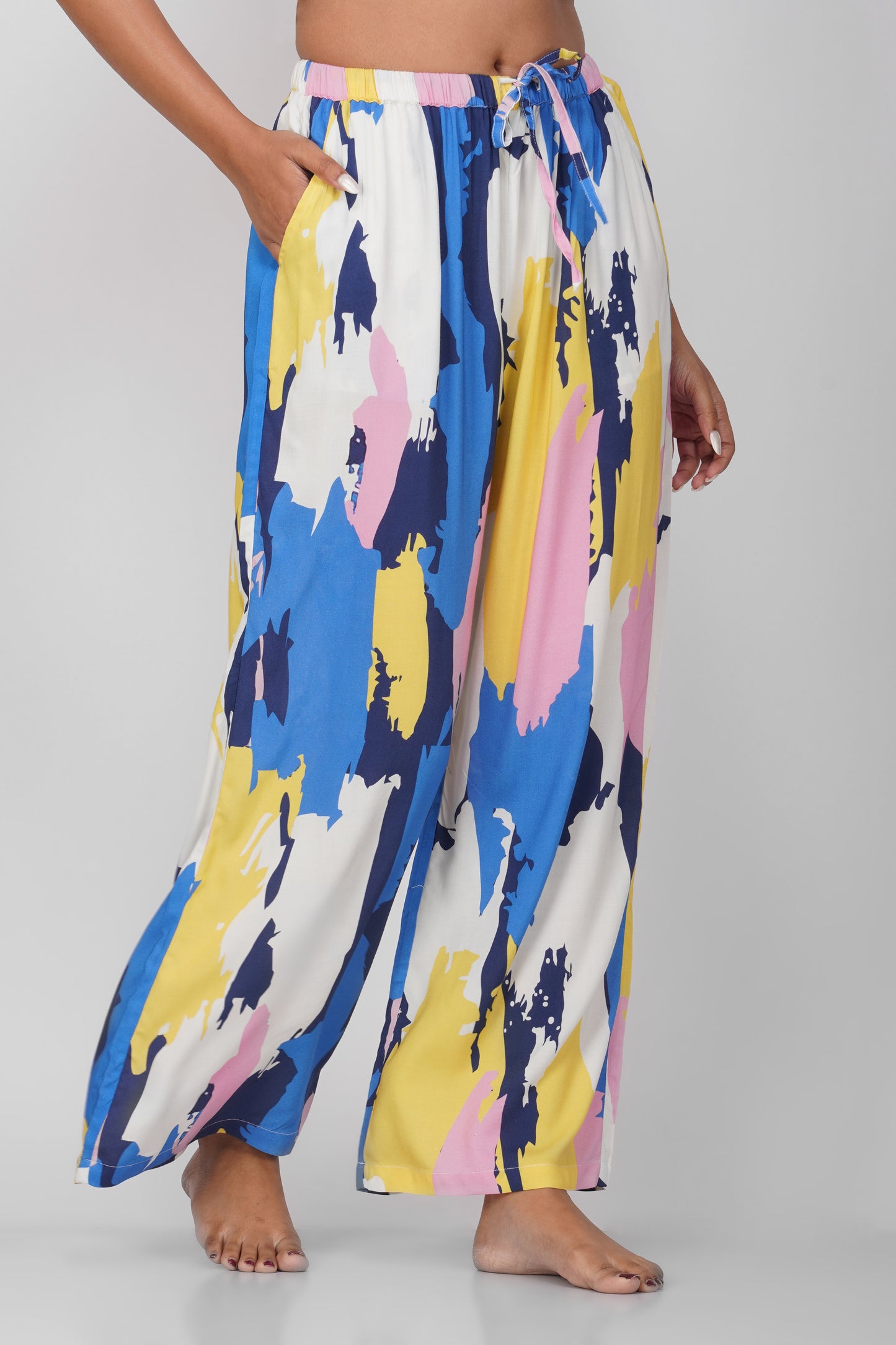 Blue/ Yellow Abstract Print Viscose Pajamas - thebriefsstory