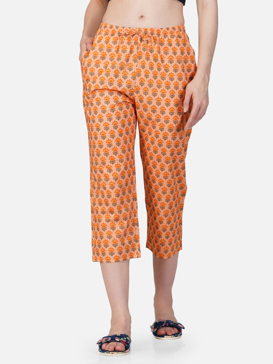 Orange floral motif printed capris - thebriefsstory