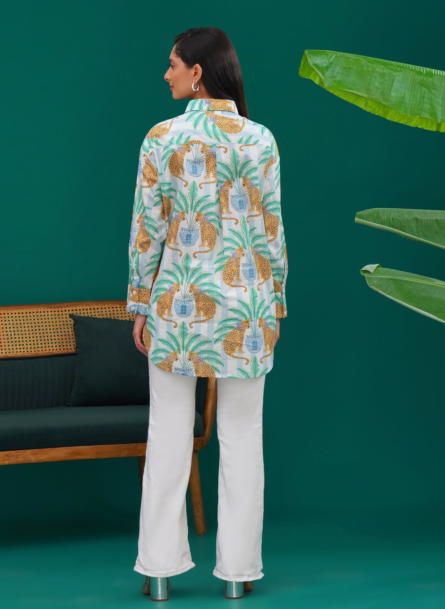 Palm Panther Longline Cotton Shirt - thebriefsstory