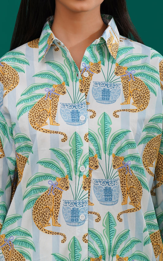 Palm Panther Longline Cotton Shirt - thebriefsstory