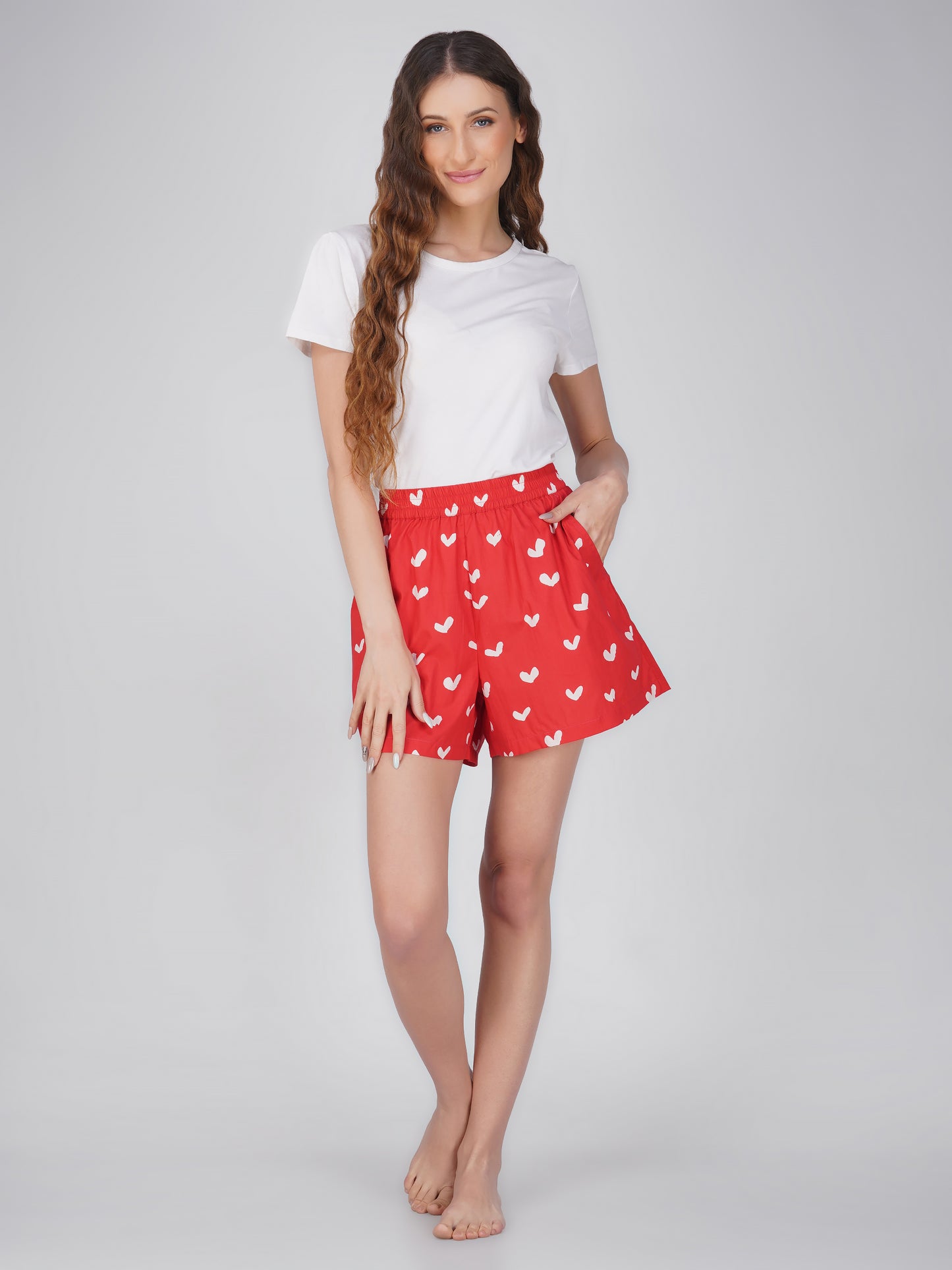 Red Sweet Heart Print Cotton Shorts - thebriefsstory