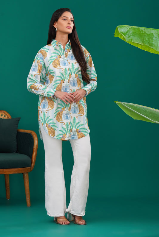 Palm Panther Longline Cotton Shirt - thebriefsstory