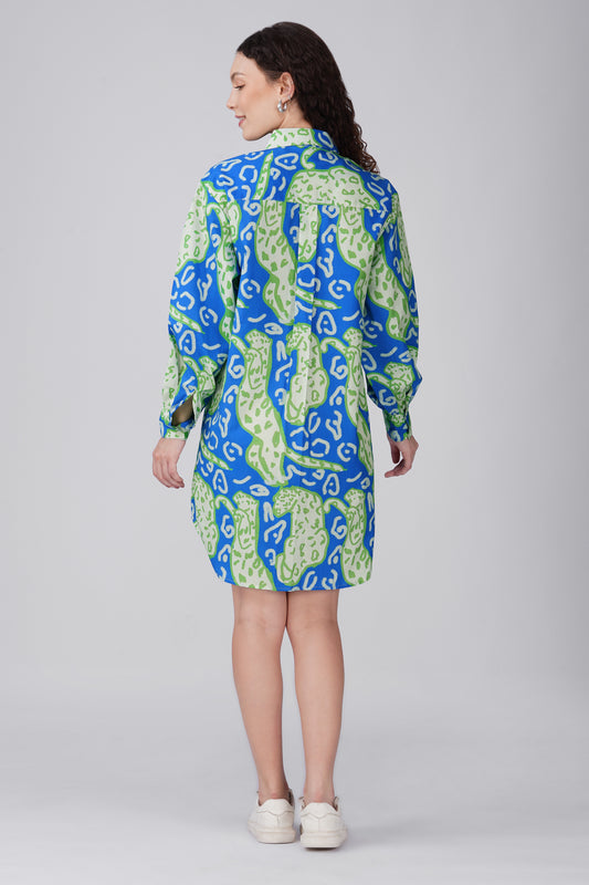 Green Blue Leopard Print Shirt Dress