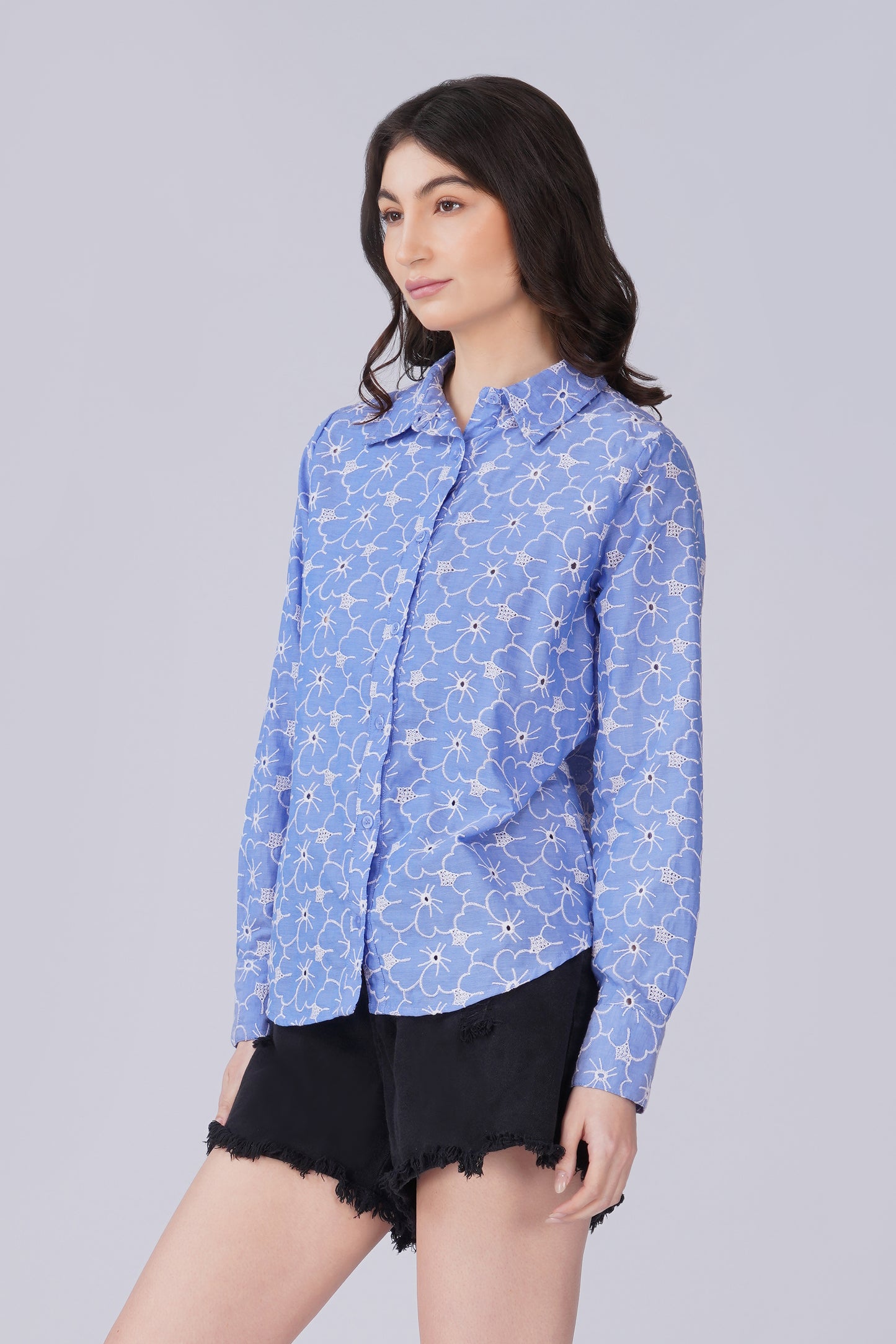 Lt Blue Chambray Embriodered Shirt