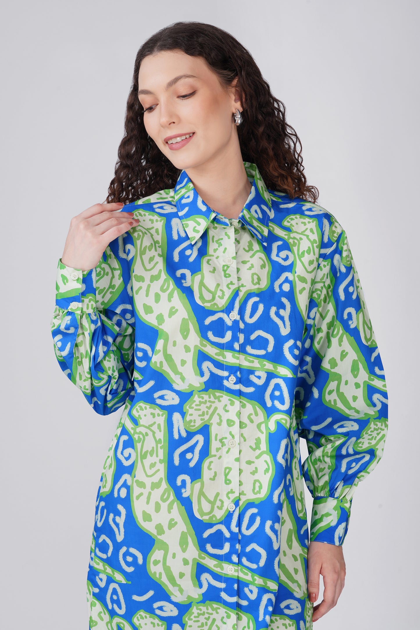 Green Blue Leopard Print Shirt Dress