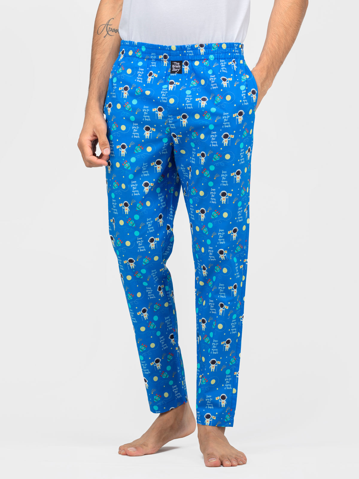 To the Moon & Back-Blue Printed Cotton Pajamas - thebriefsstory