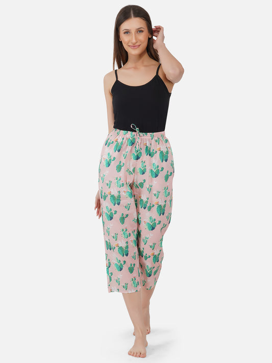 Lt.pink Cactus print cotton capris - thebriefsstory