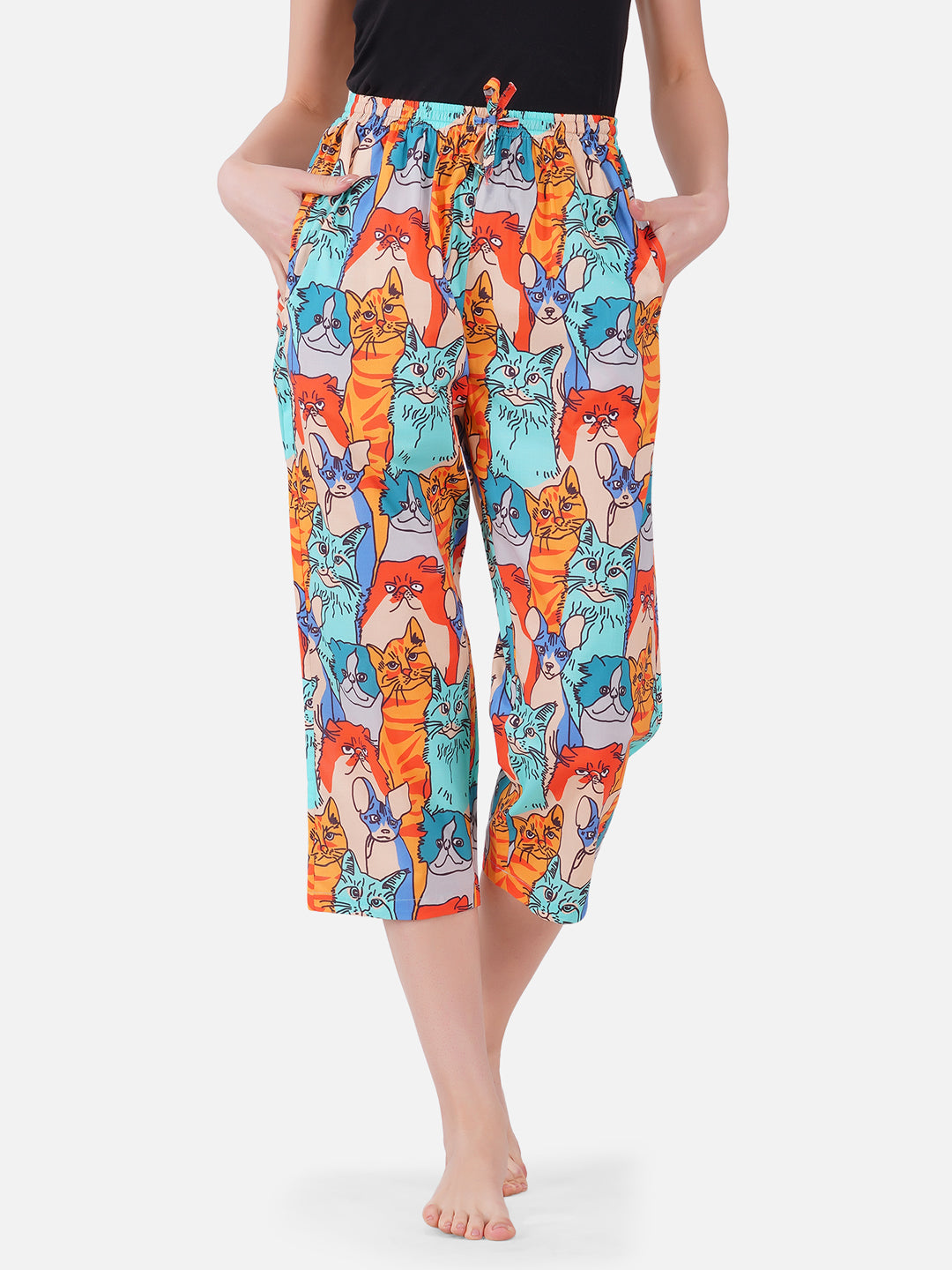 Colorful Cats print cotton capris