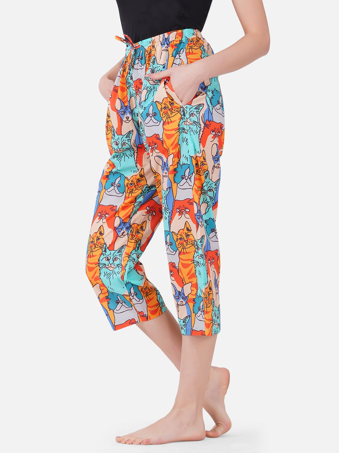 Colorful Cats print cotton capris