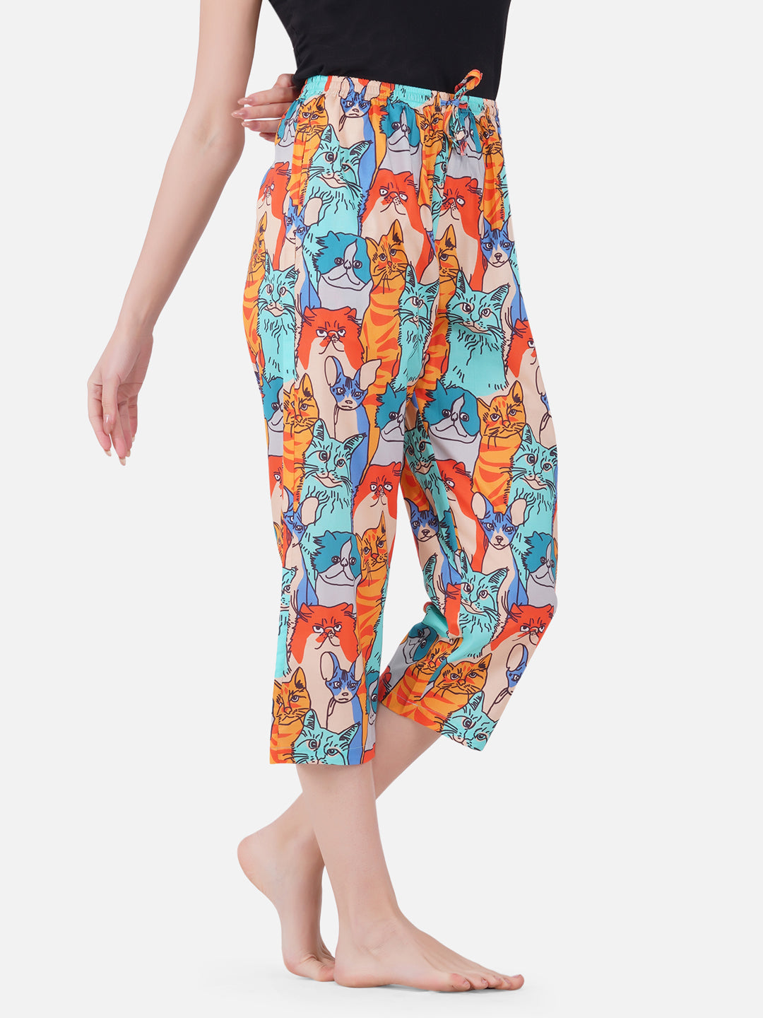 Colorful Cats print cotton capris