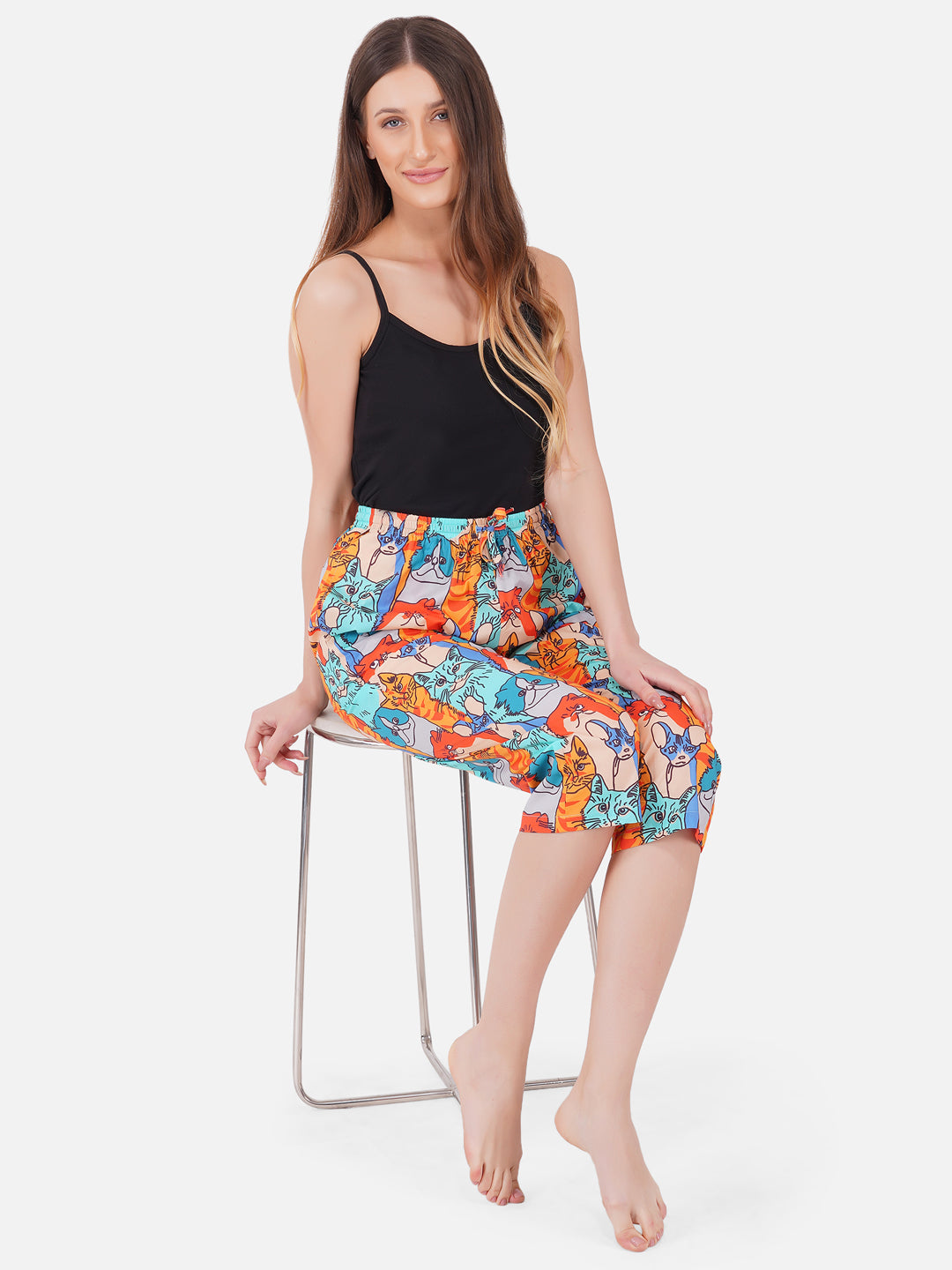 Colorful Cats print cotton capris