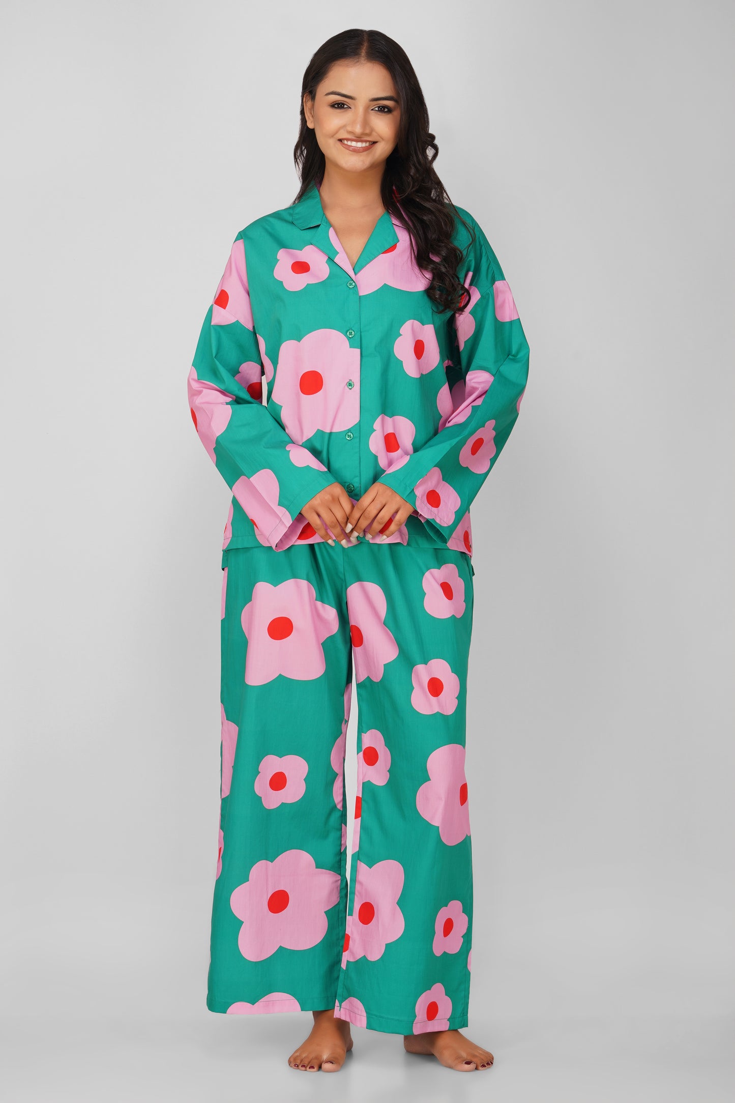 Green Flower Power Print Cotton Nightsuit