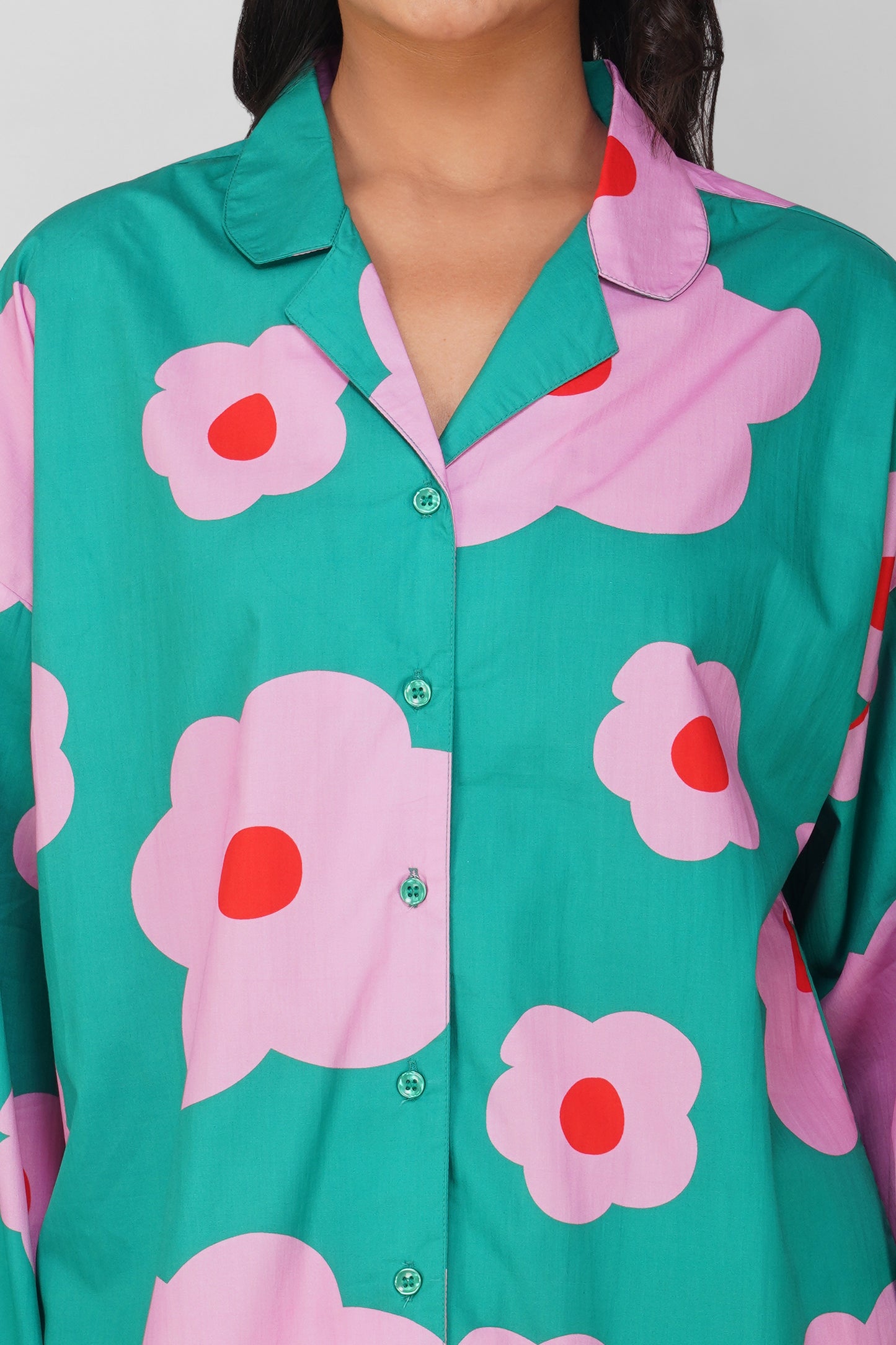 Green Flower Power Print Cotton Nightsuit