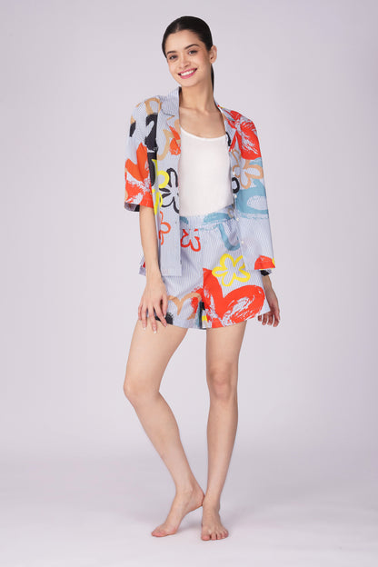 womens cotton shorts set for lounging featuring a colorful abstract design, perfect for stylish comfort and relaxation.