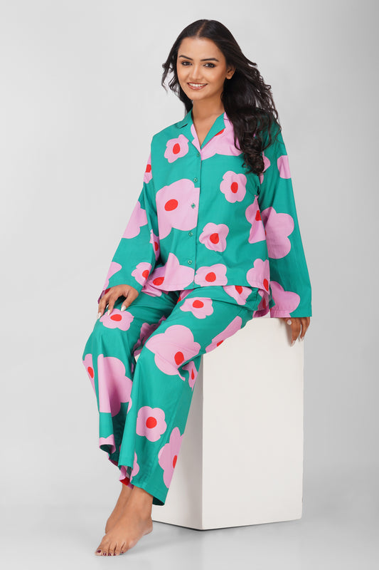 Green Flower Power Print Cotton Nightsuit