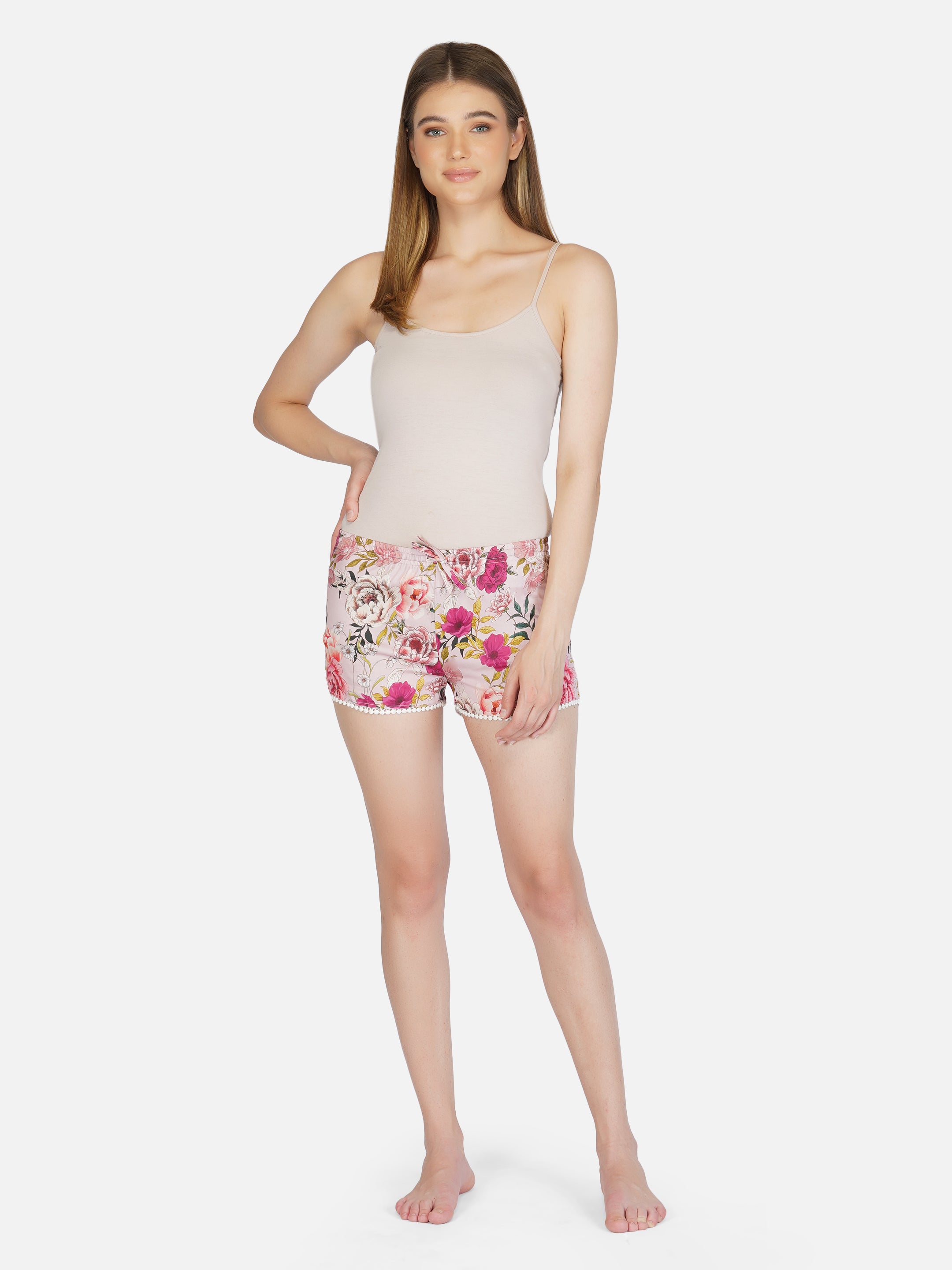 Pink Floral Cotton Satin Mini shorts - thebriefsstory