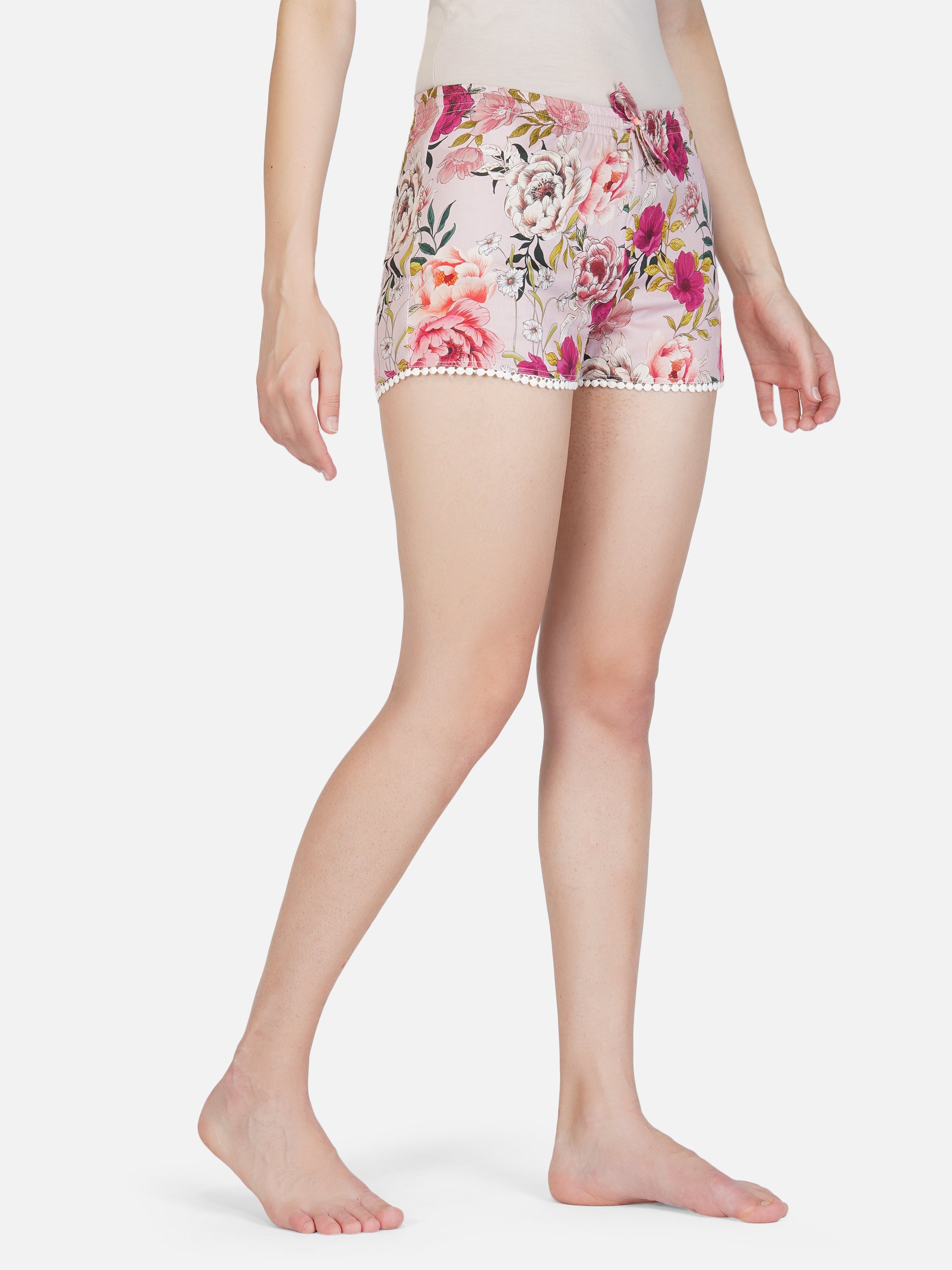 Pink Floral Cotton Satin Mini shorts - thebriefsstory