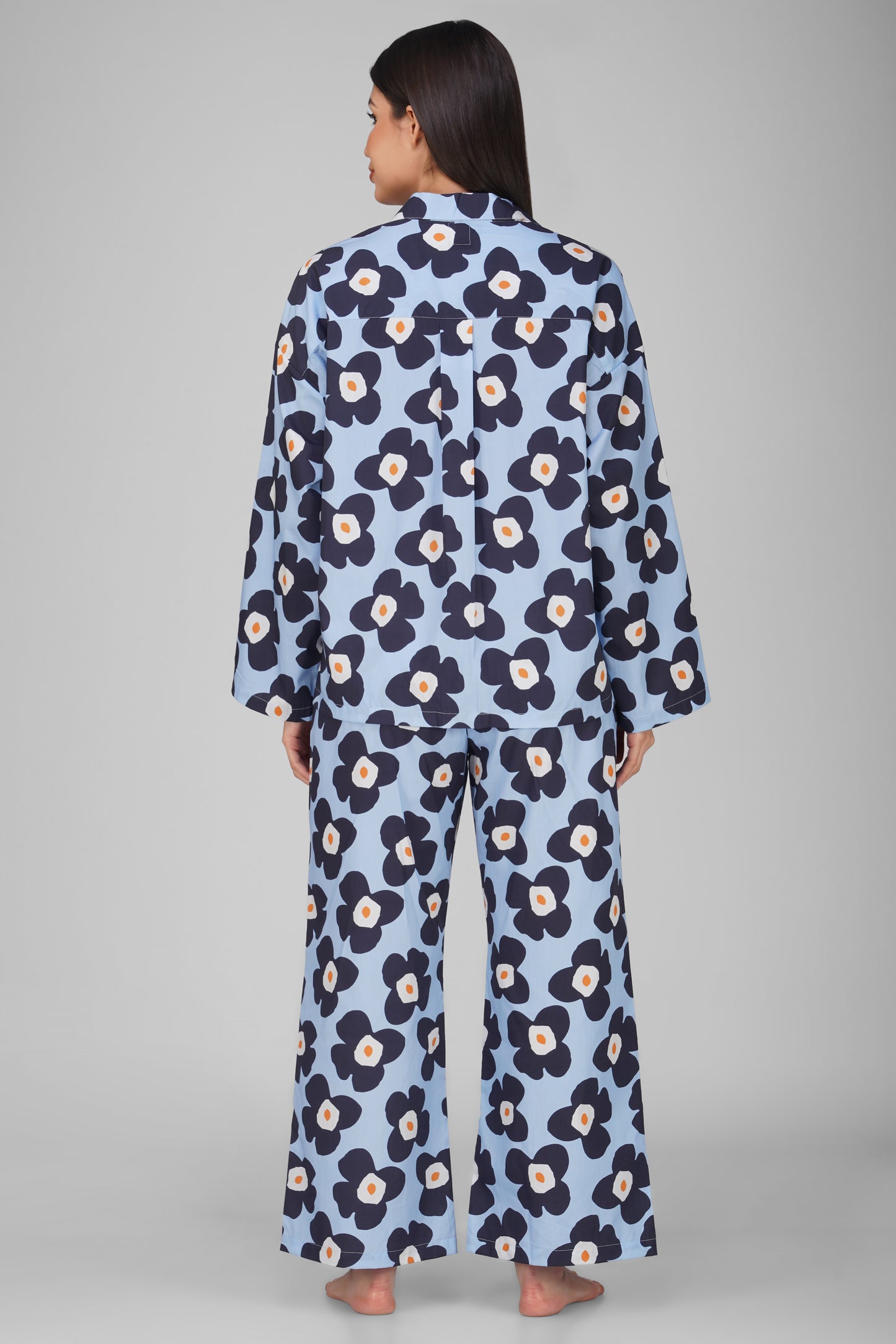 Blue Big Floral Print Cotton Nightsuit