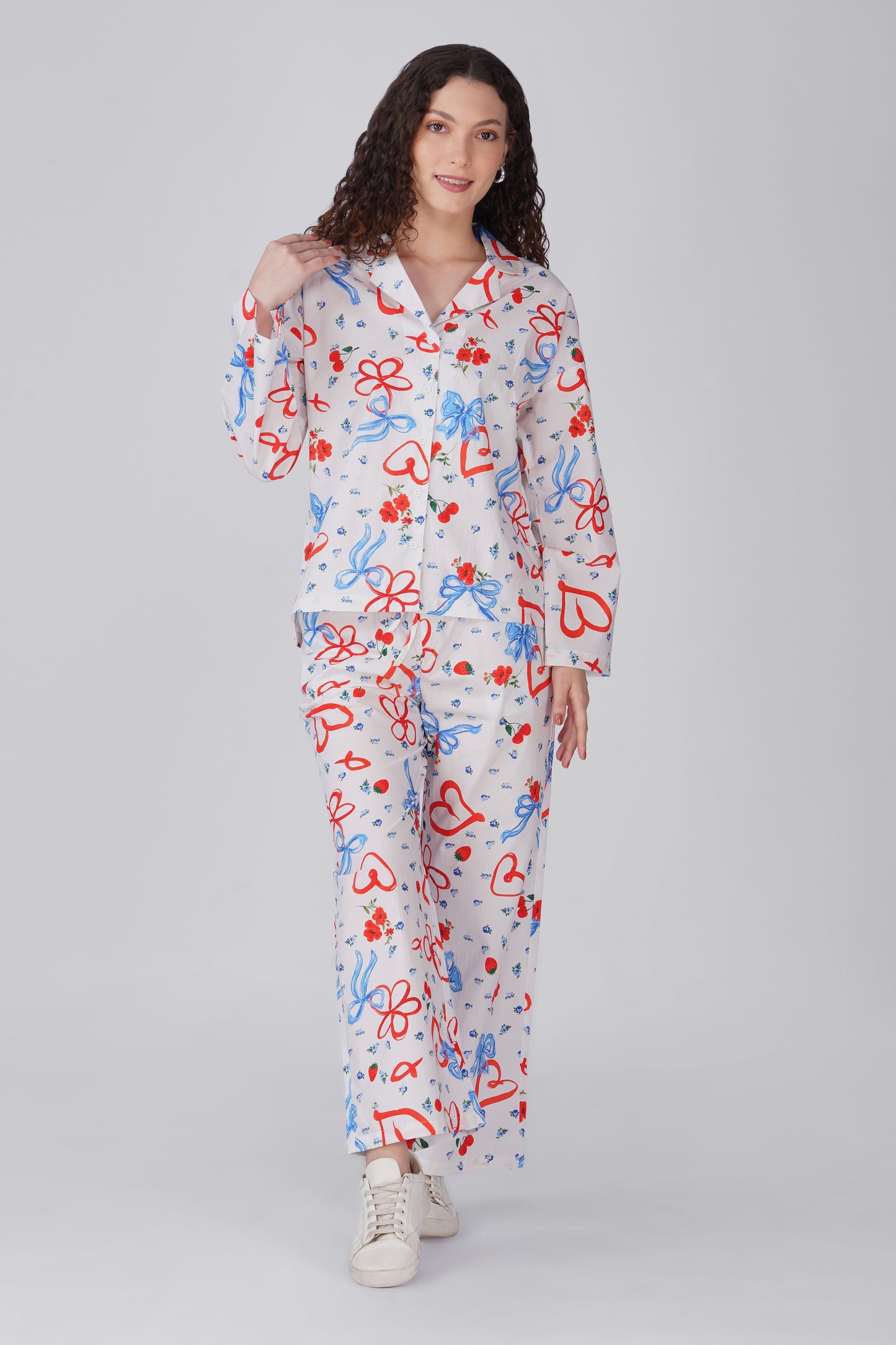 Red & Blue Bow Printed Pajama Set