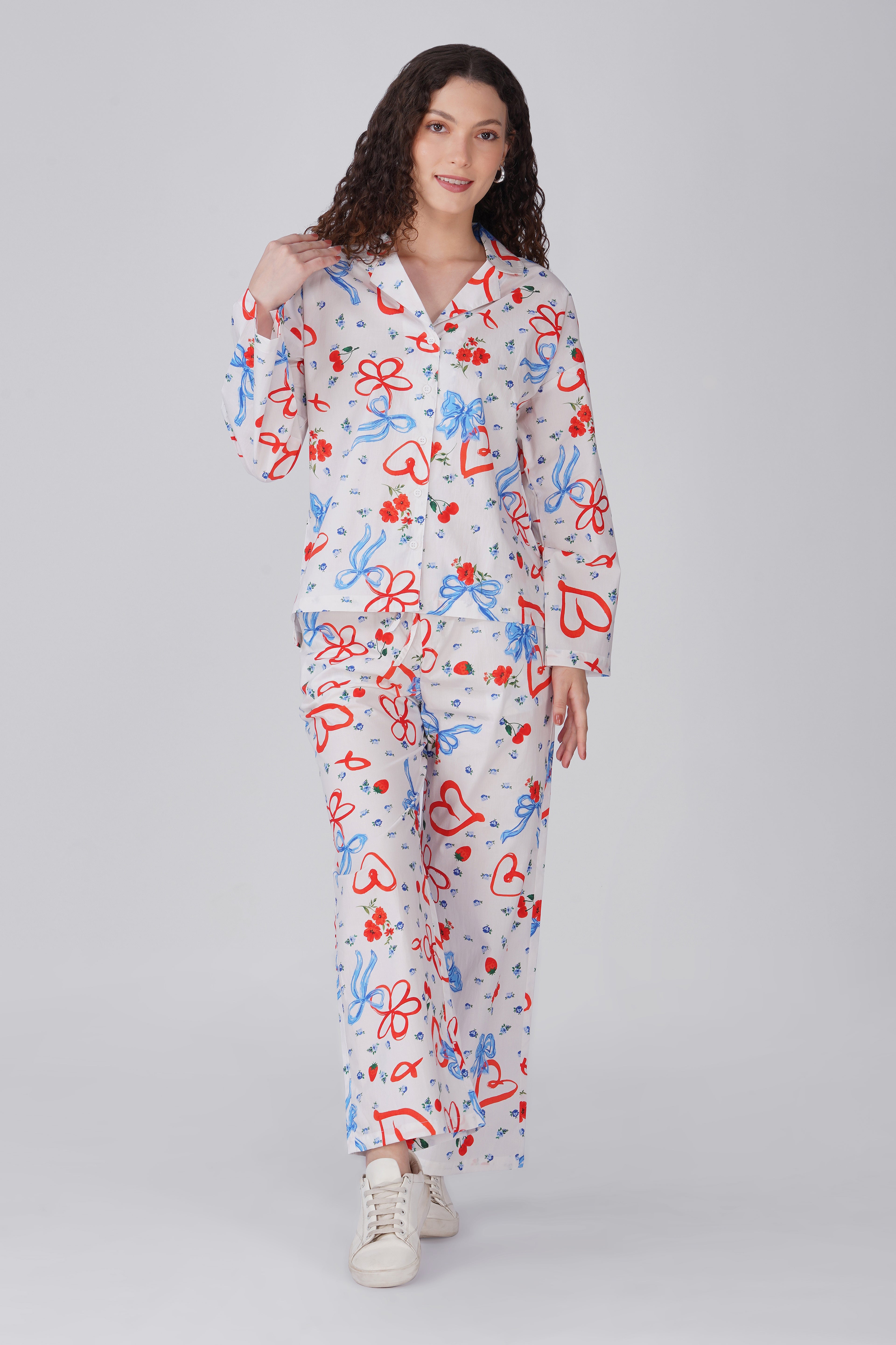 Red & Blue Bow Printed Pajama Set