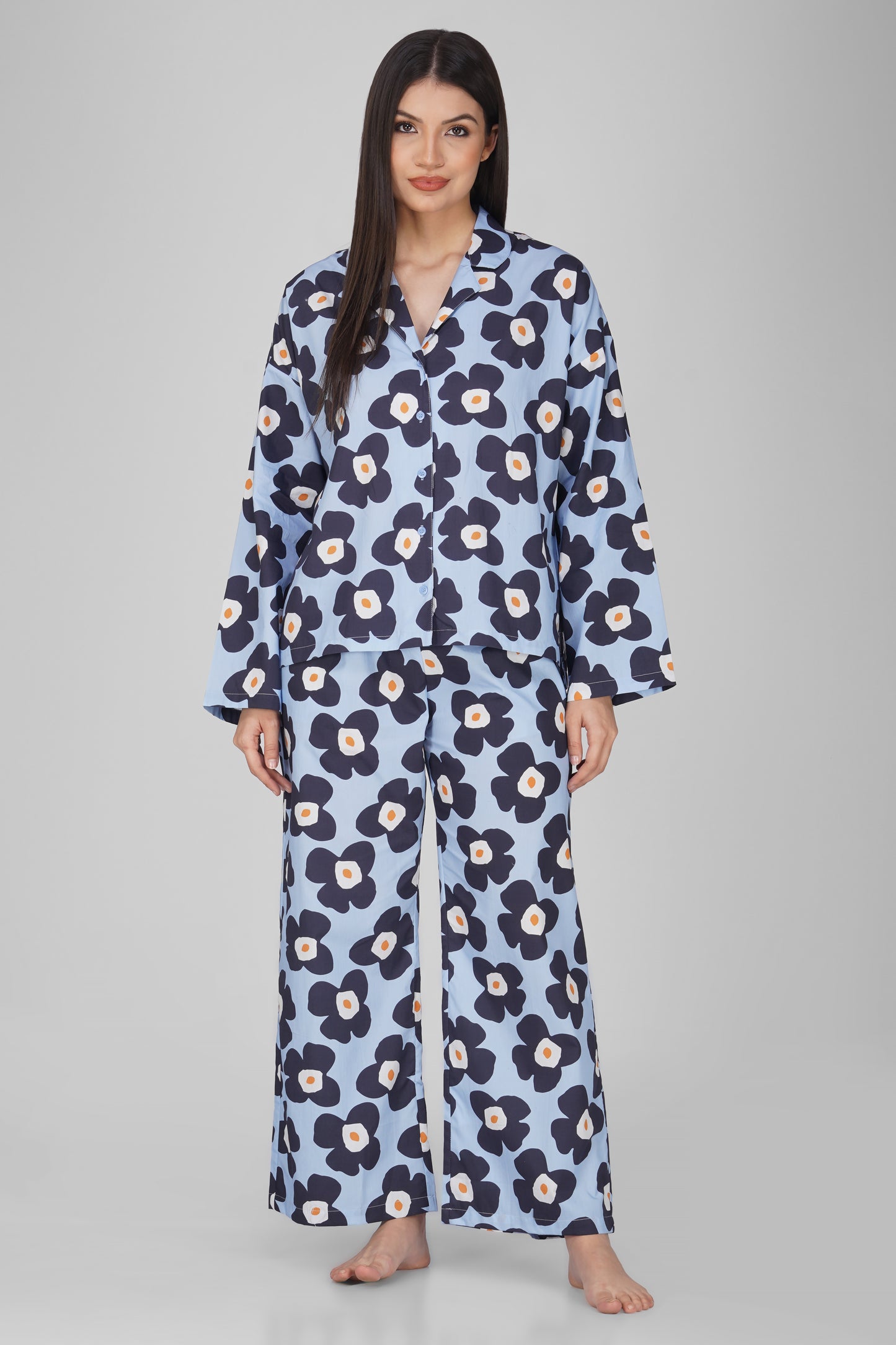 Blue Big Floral Print Cotton Nightsuit