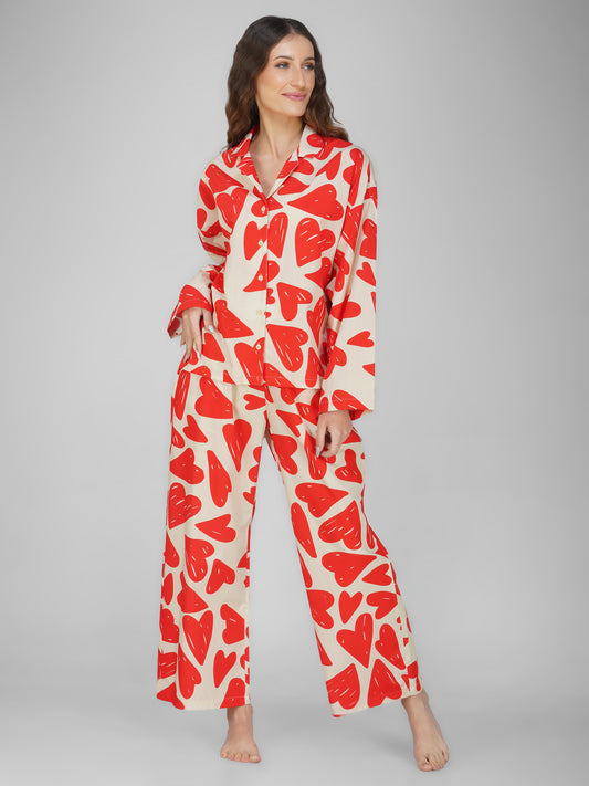 Val Heart Print Cotton Nightsuit