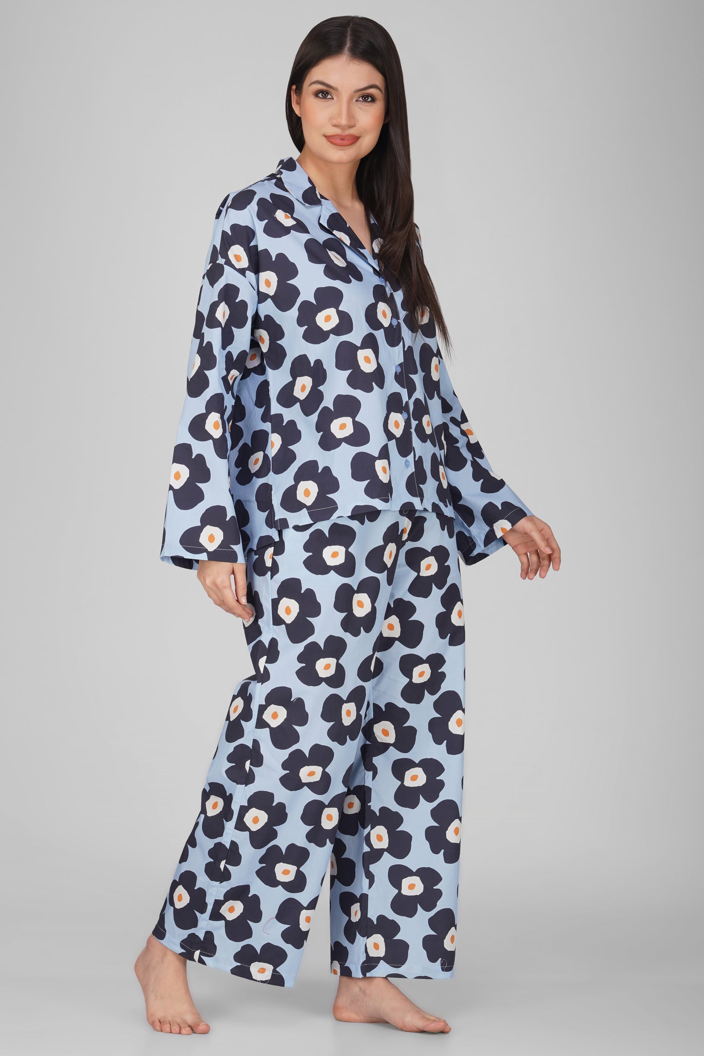 Blue Big Floral Print Cotton Nightsuit