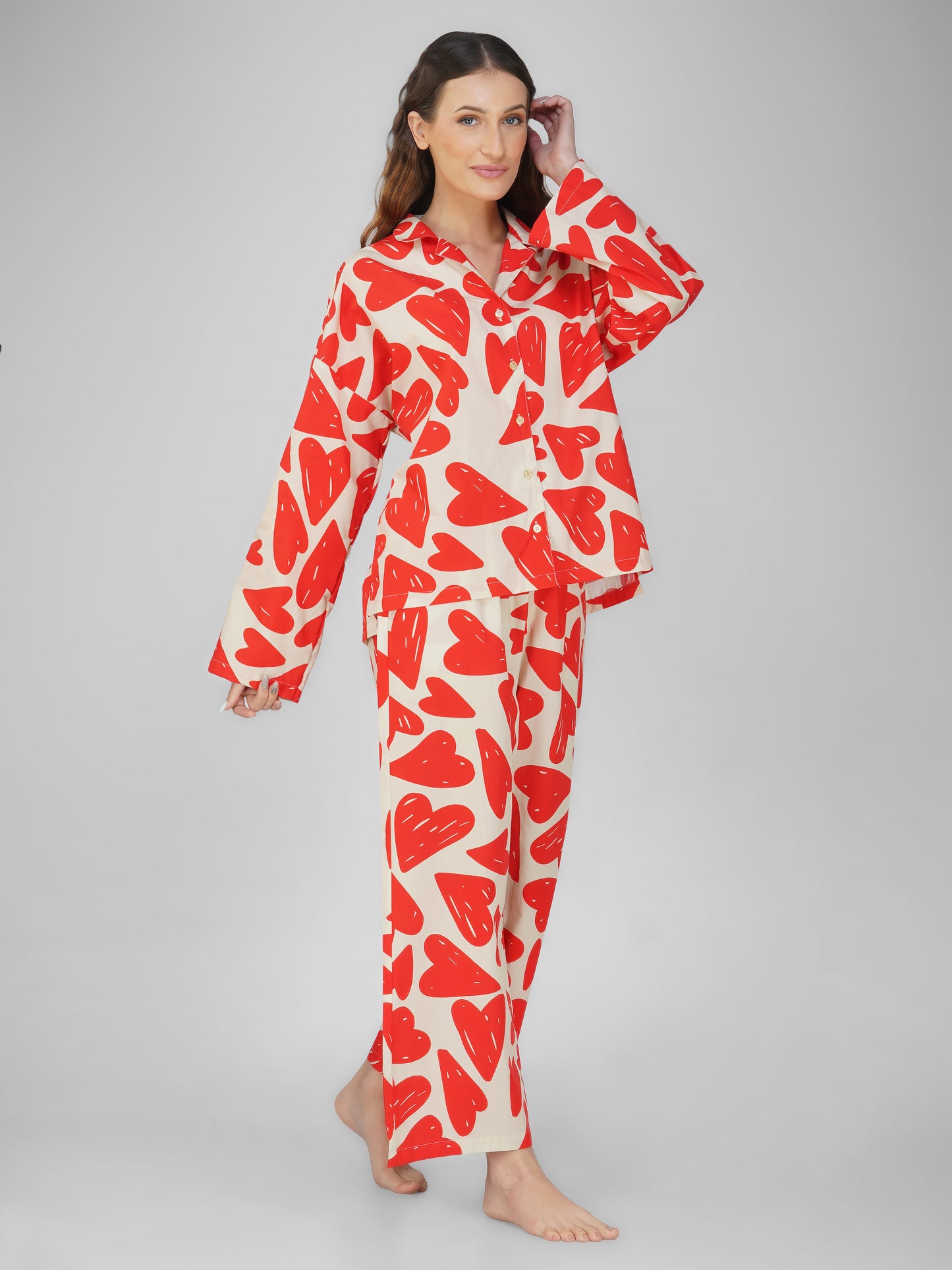 Val Heart Print Cotton Nightsuit