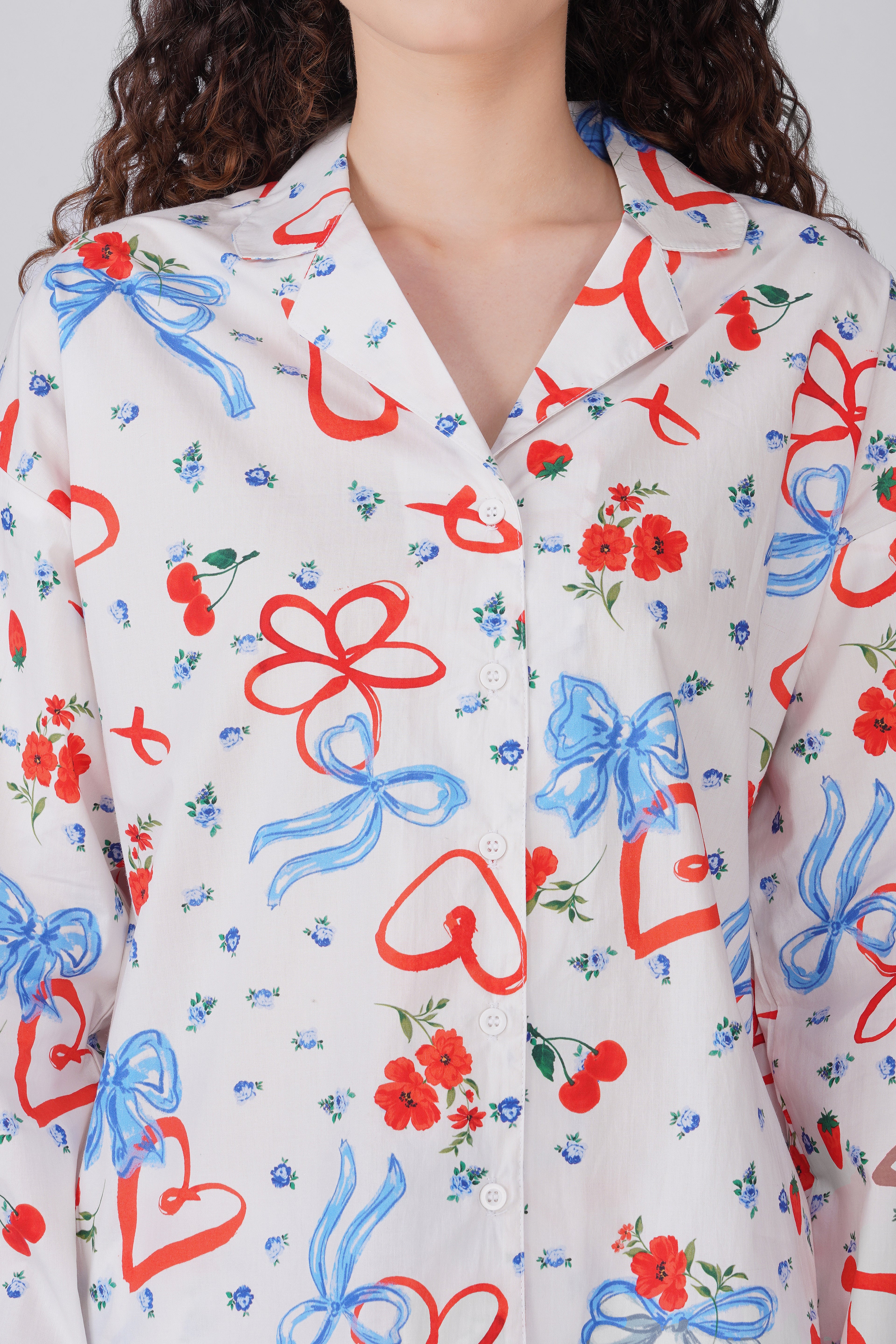 Red & Blue Bow Printed Pajama Set