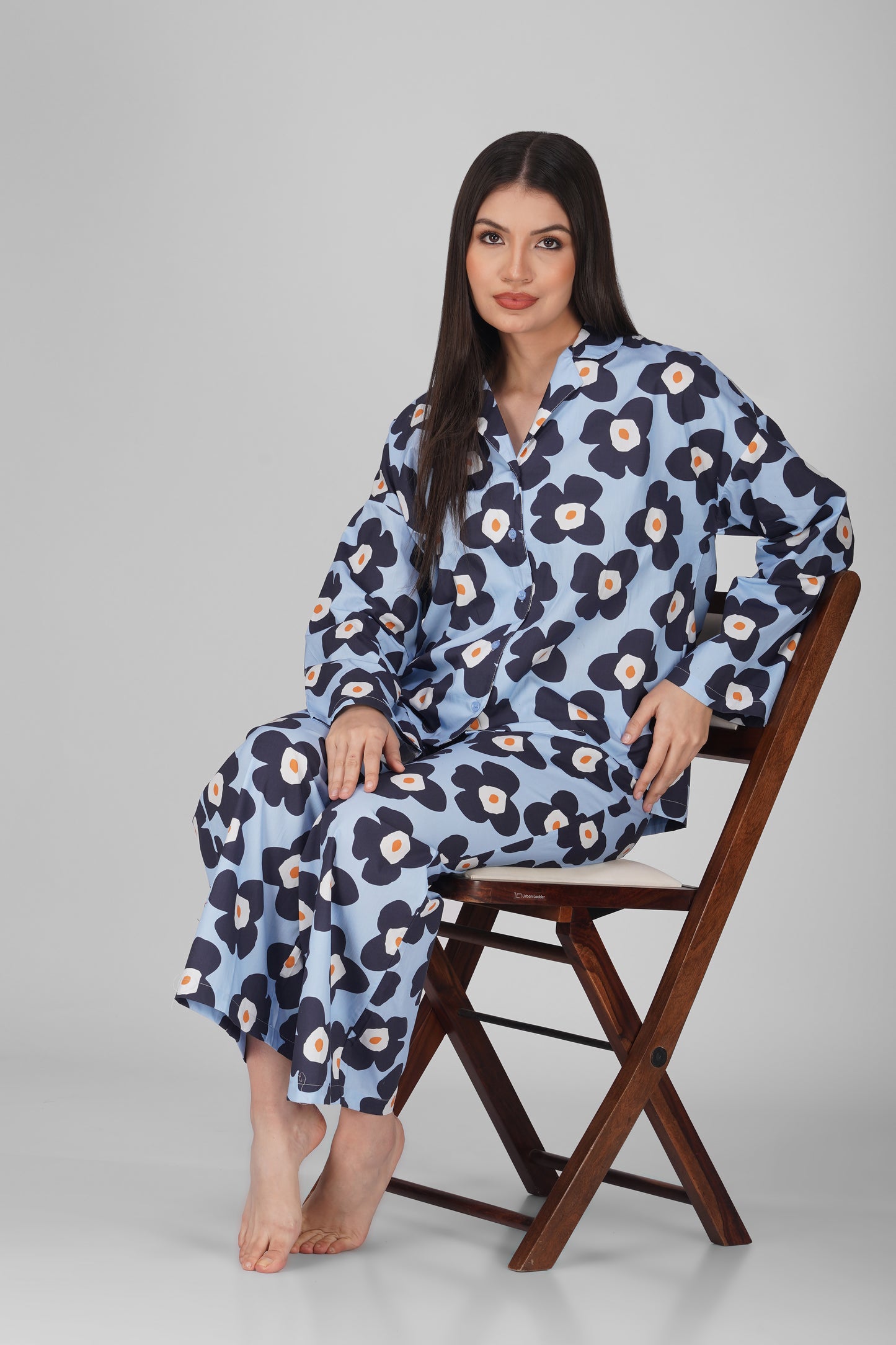 Blue Big Floral Print Cotton Nightsuit