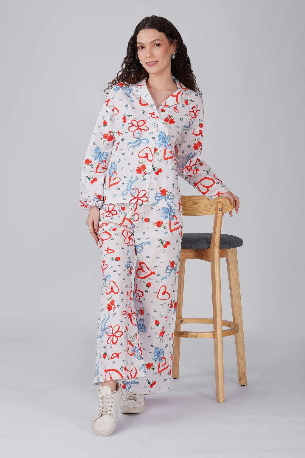 Red & Blue Bow Printed Pajama Set