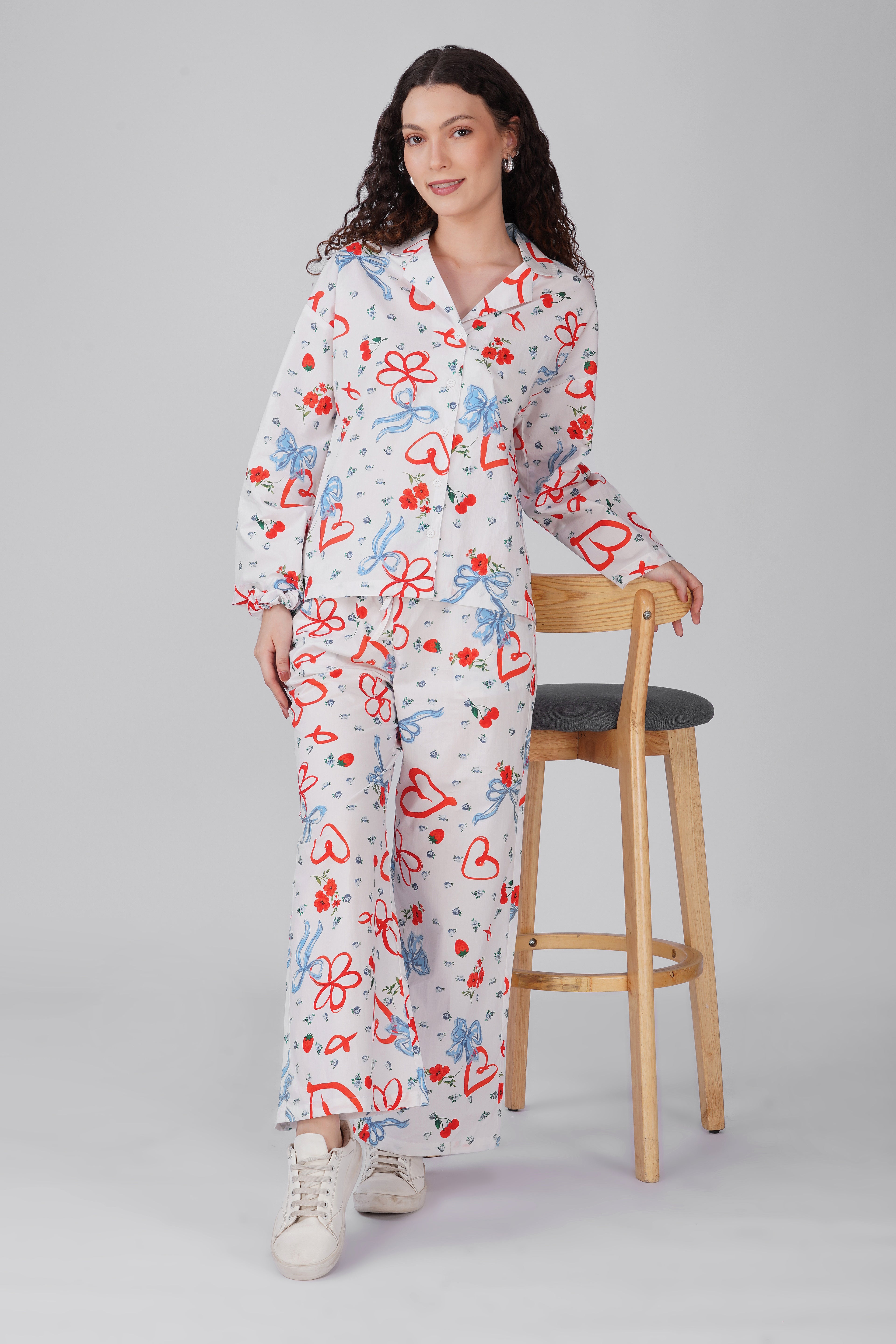Red & Blue Bow Printed Pajama Set