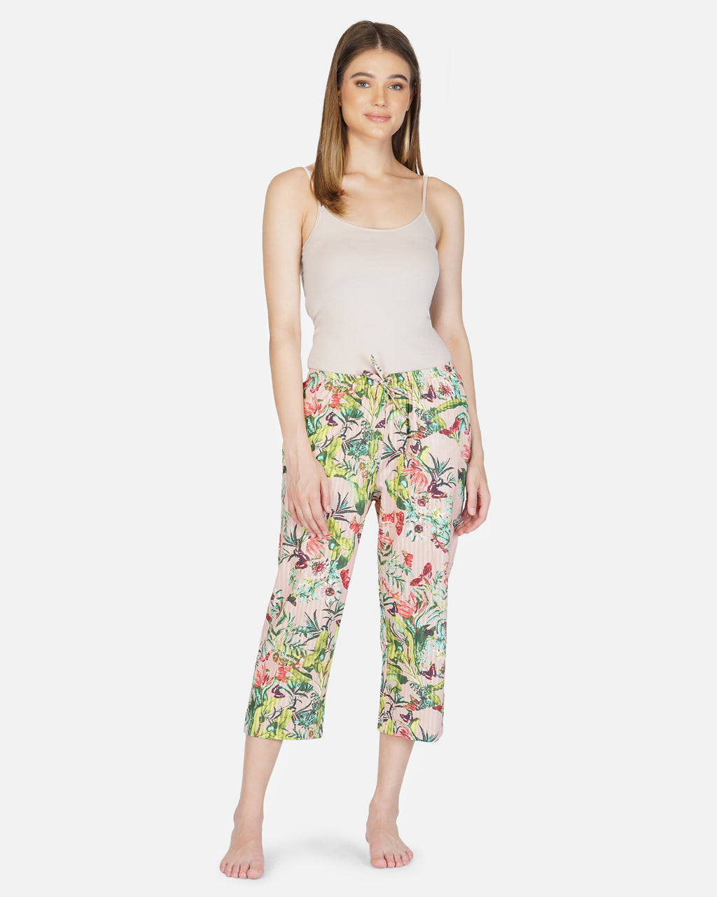 Lt pink floral cotton dobby capris - thebriefsstory