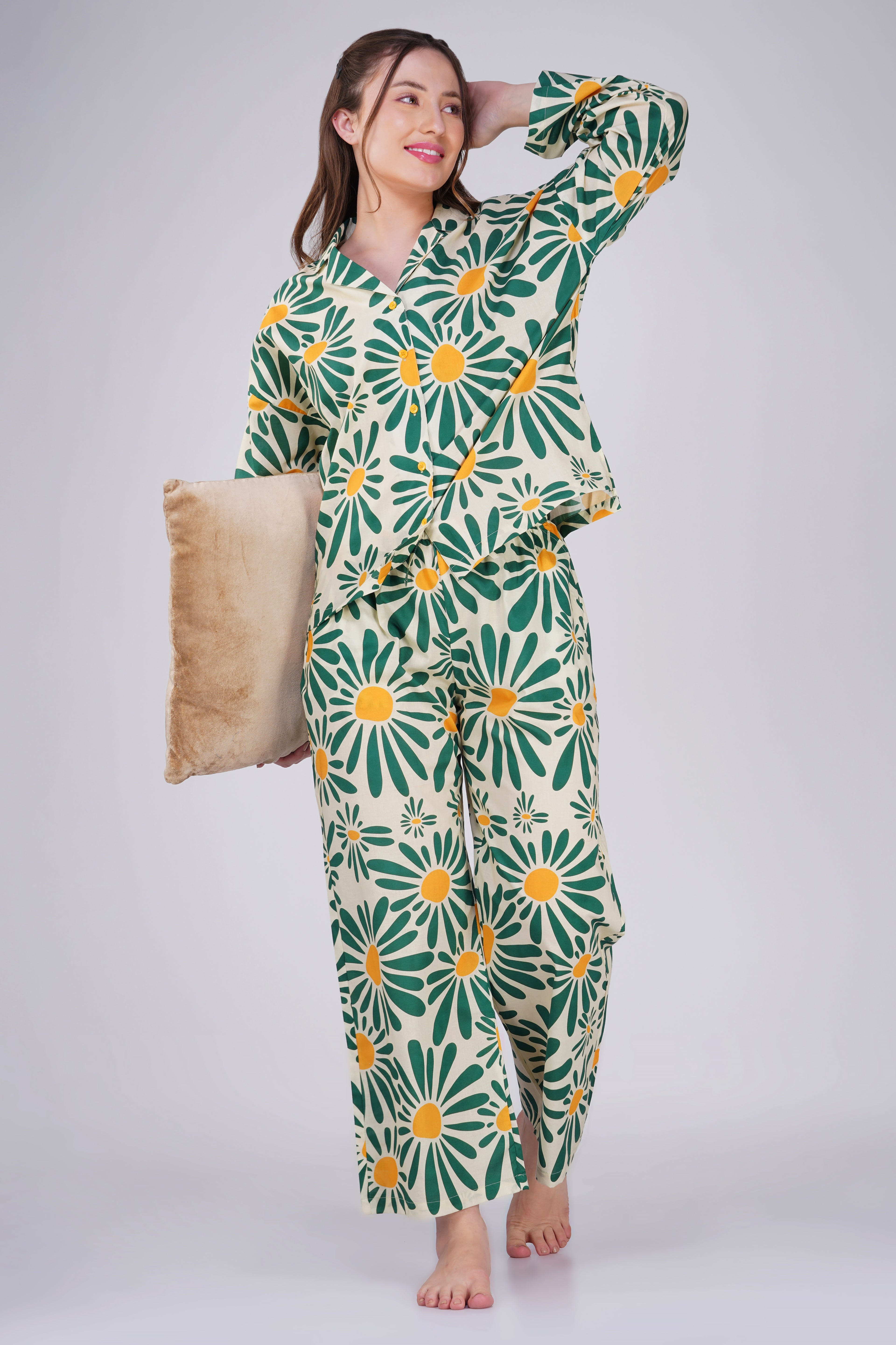 Green Sunlit Flora Pyjama set - thebriefsstory