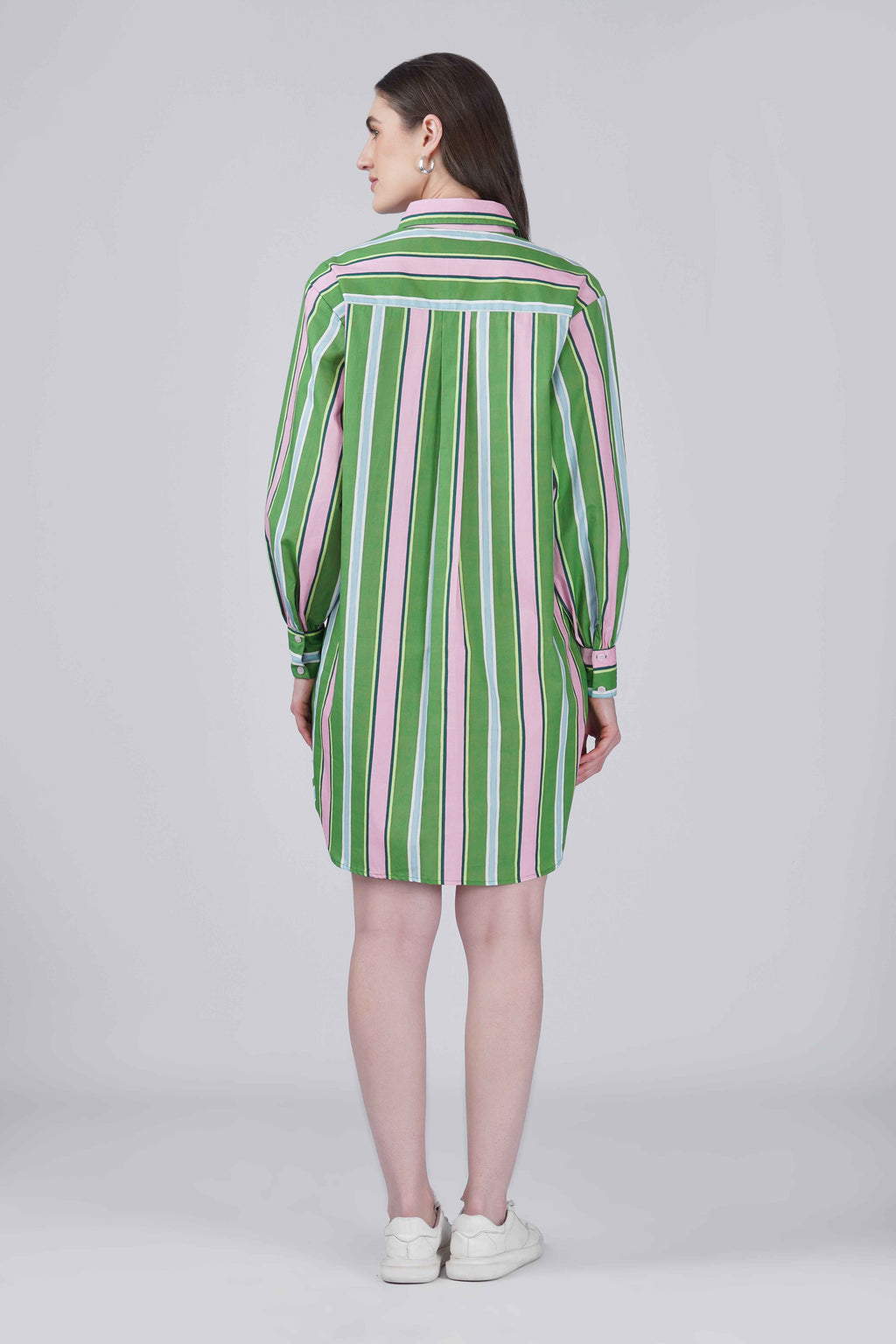 Green & Pink Striper Shirt Dress