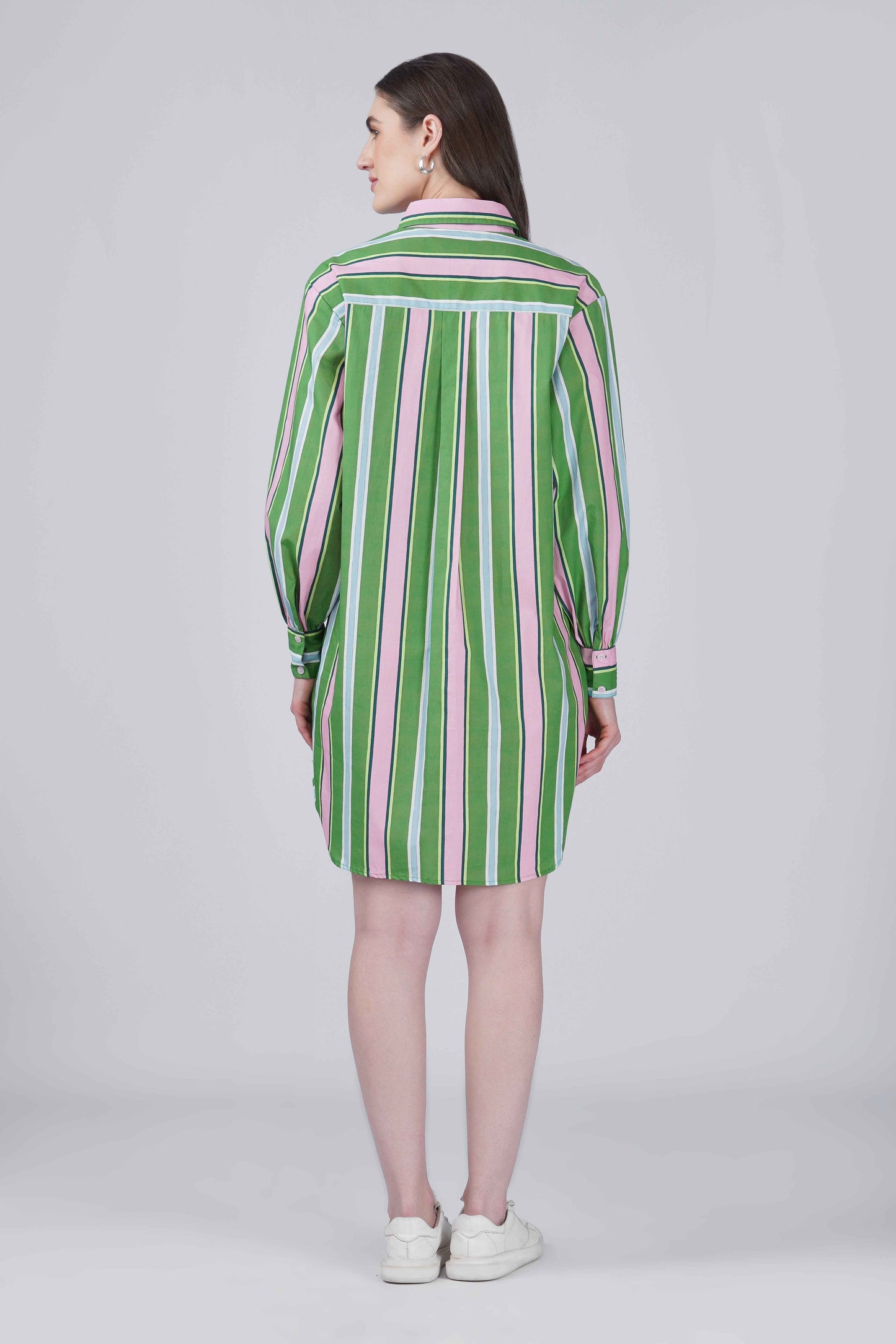 Green & Pink Striper Shirt Dress