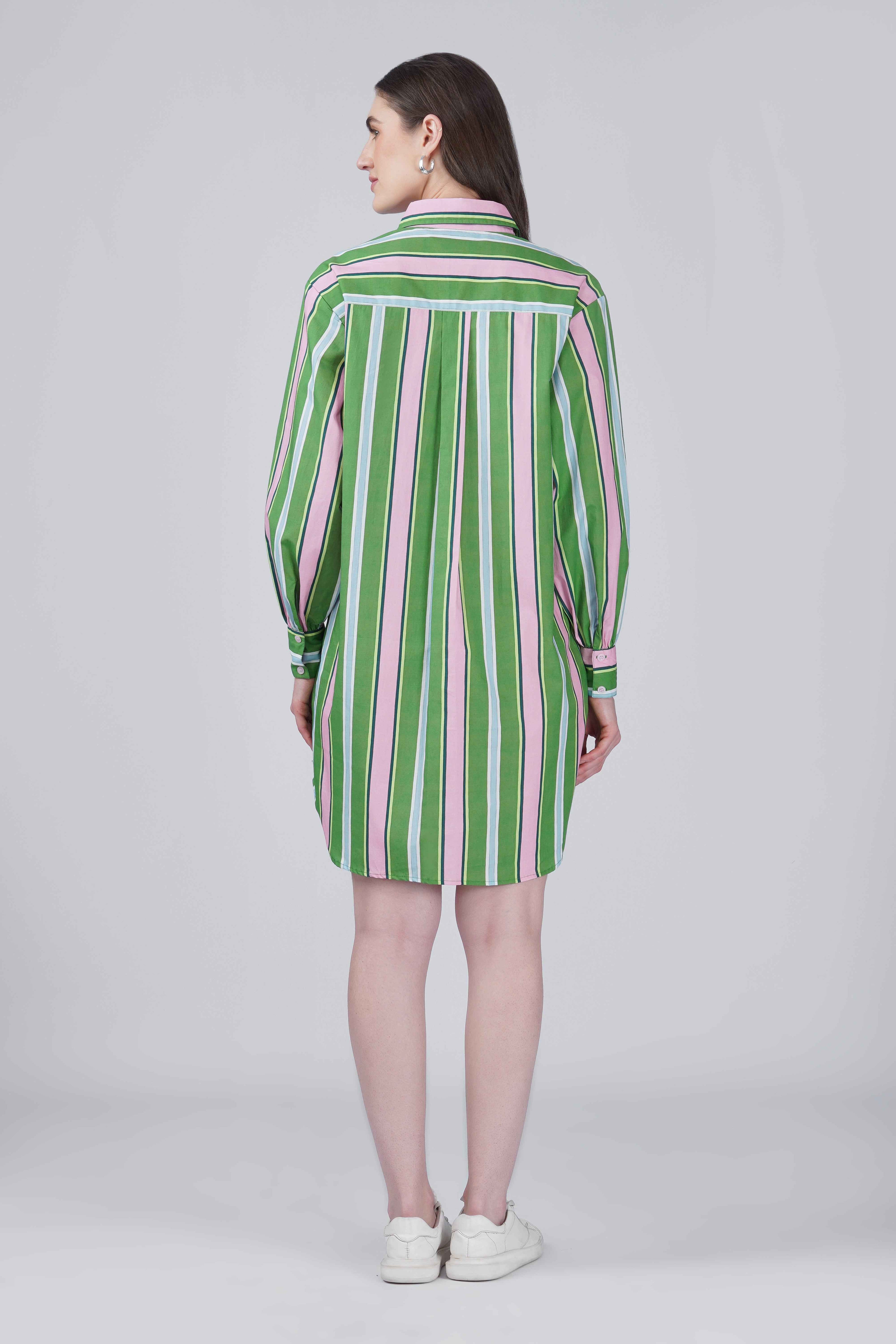 Green & Pink Striper Shirt Dress