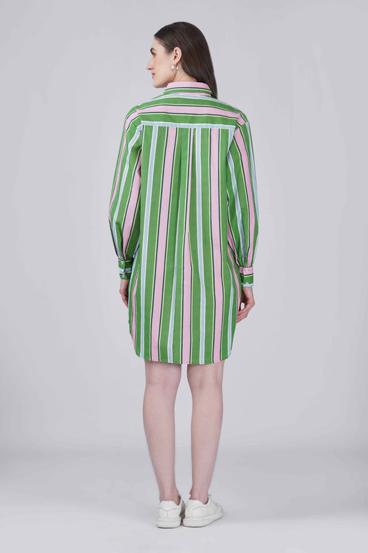 Green & Pink Striper Shirt Dress