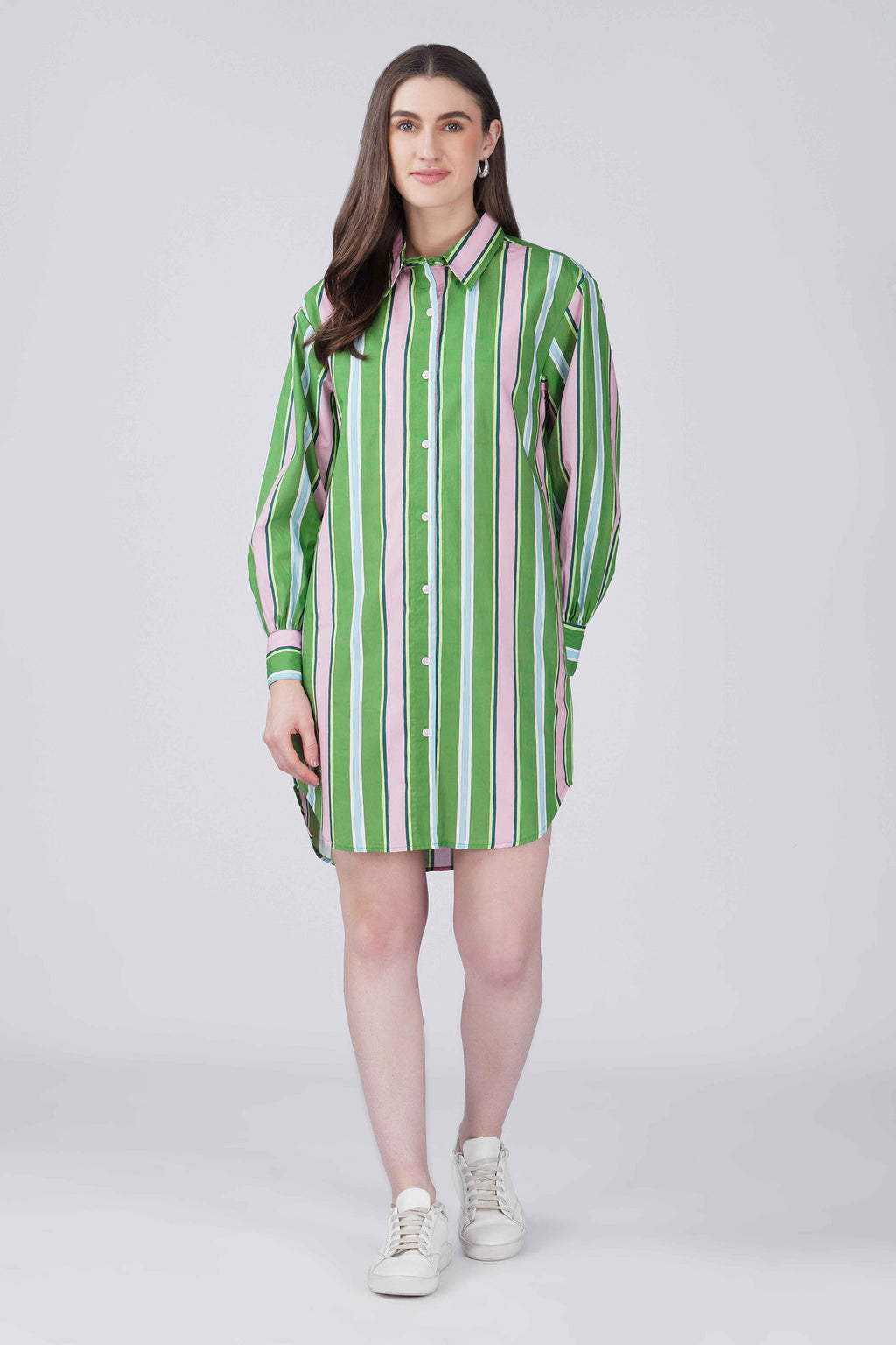 Green & Pink Striper Shirt Dress